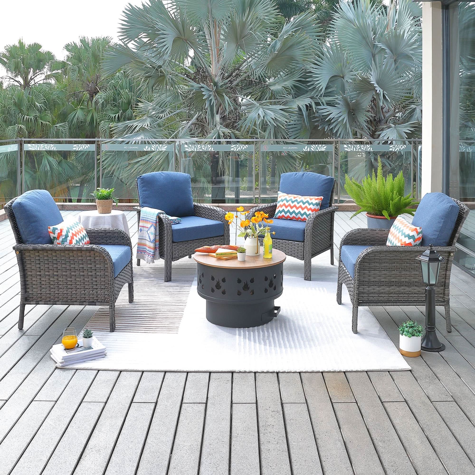 OVIOS patio set with fire pit, gray wicker chairs with blue cushions, perfect for outdoor gathering