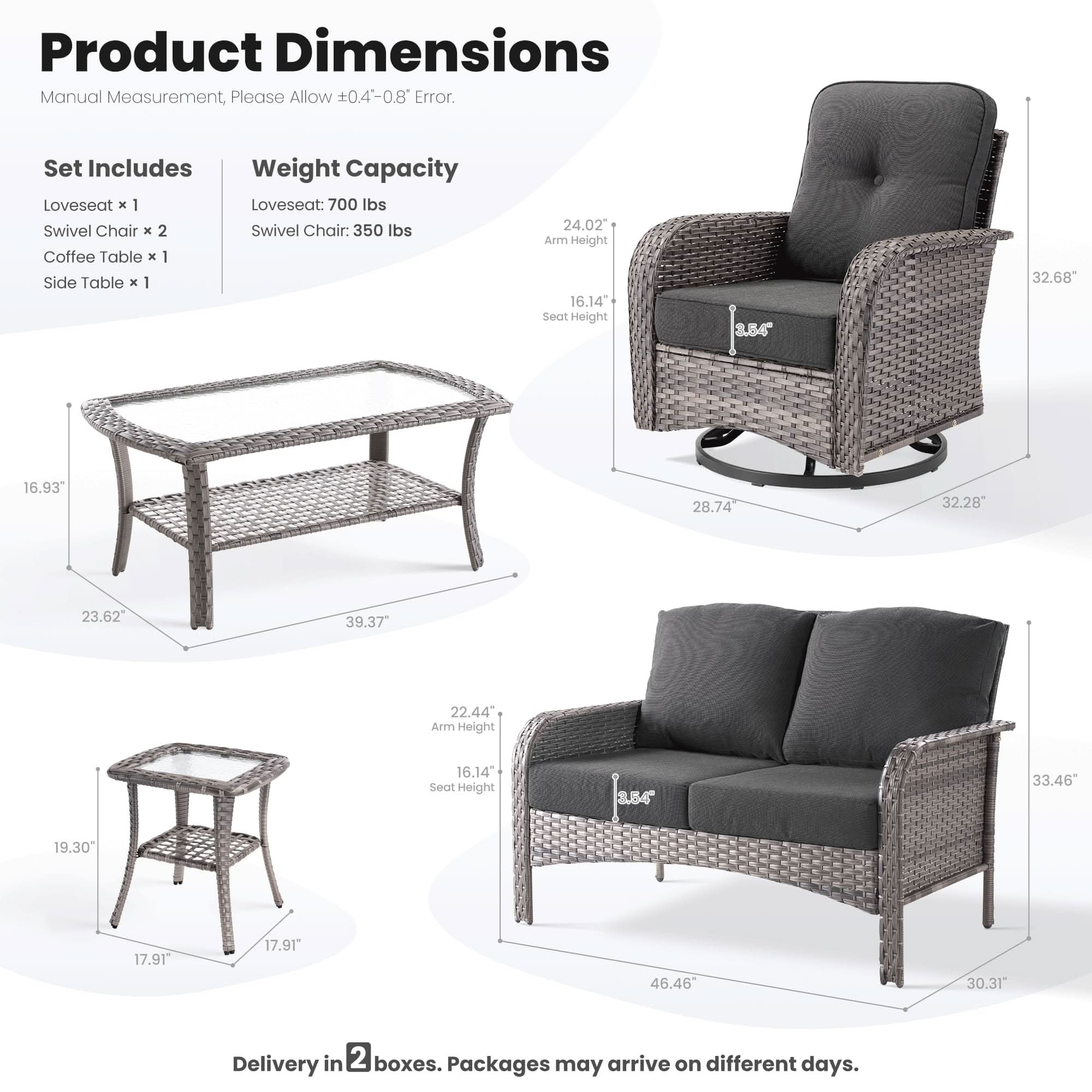 OVIOS 5-piece patio furniture set dimensions: gray wicker loveseat, swivel chairs, tables, and detailed specifications.