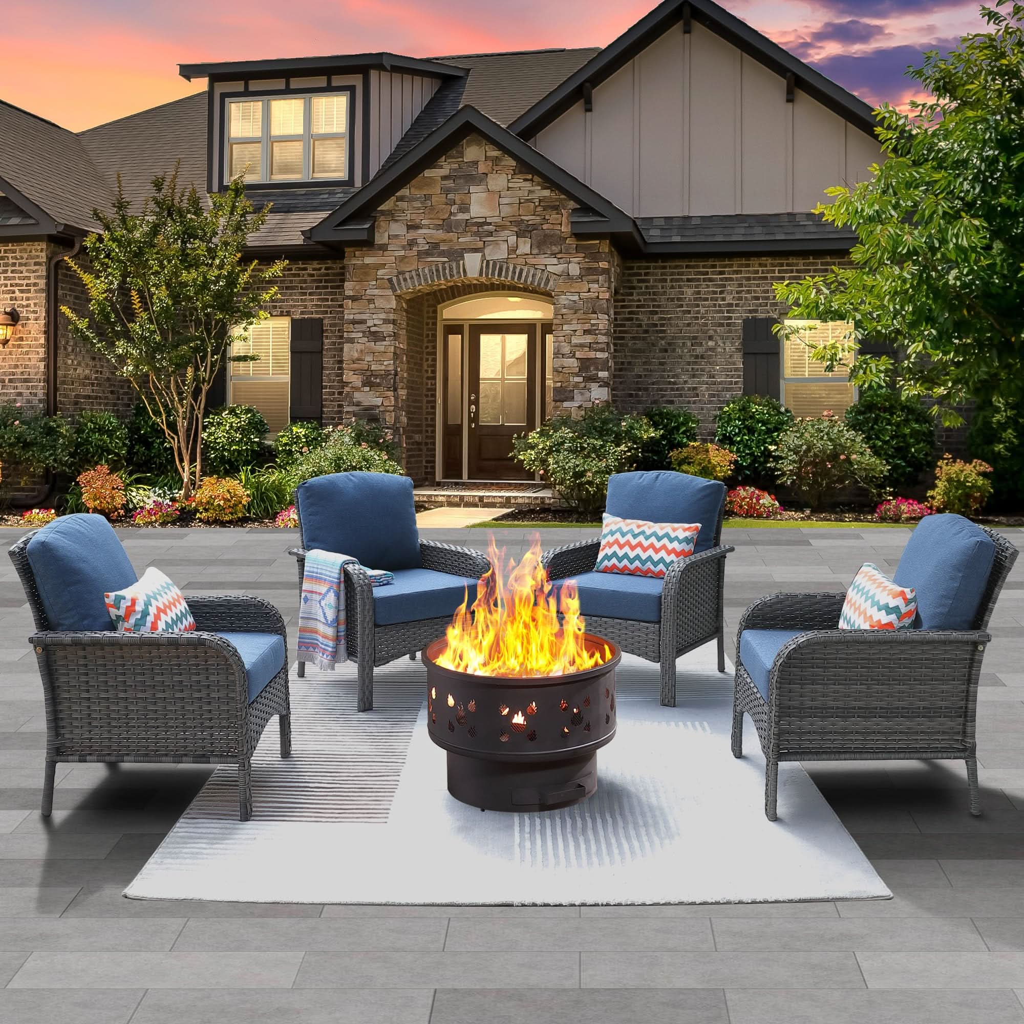 OVIOS patio furniture set with fire pit, gray wicker chairs with blue cushions, perfect for outdoor relaxation and gathering.