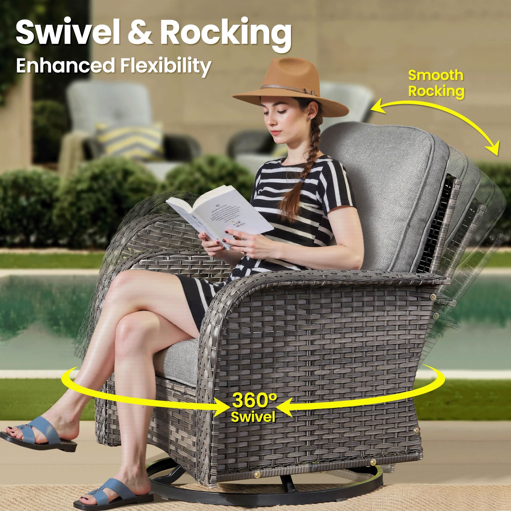 OVIOS swivel rocking chair with woman reading, gray wicker and beige cushions, patio furniture