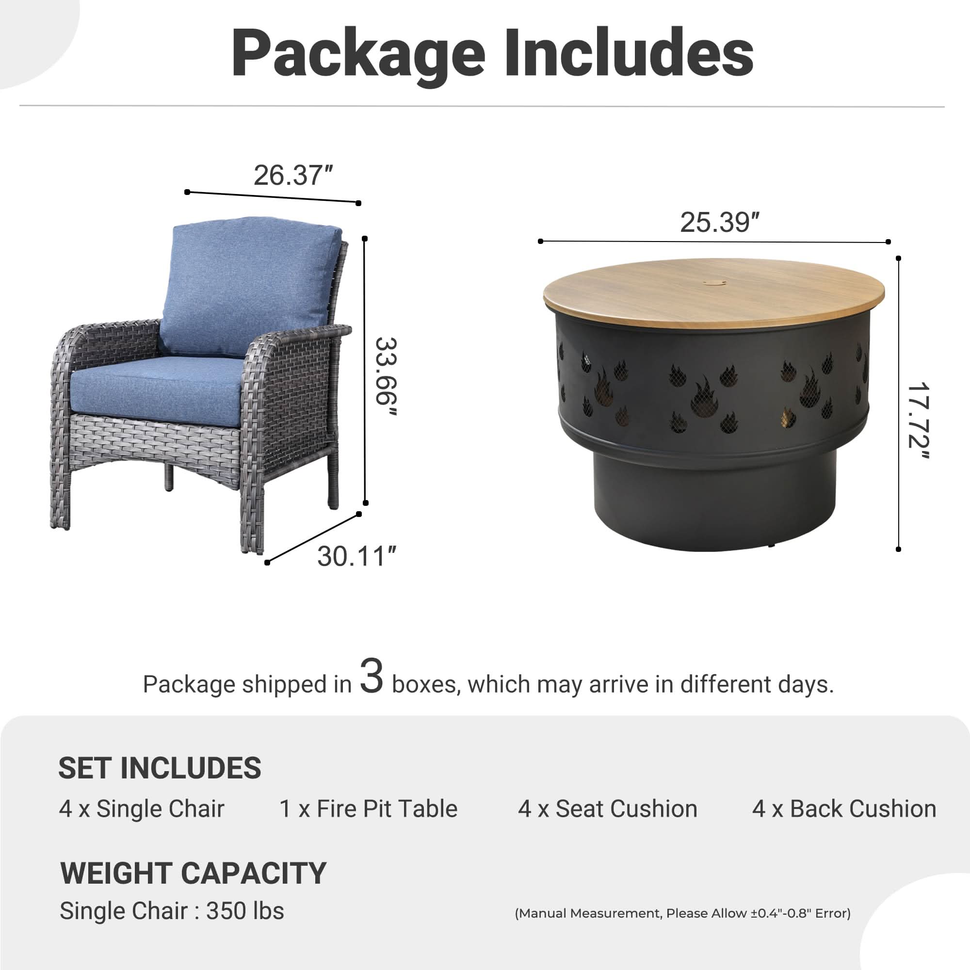 OVIOS 5-Piece Patio Furniture Set diagram with dimensions, gray wicker chairs and fire pit, perfect for outdoor gathering