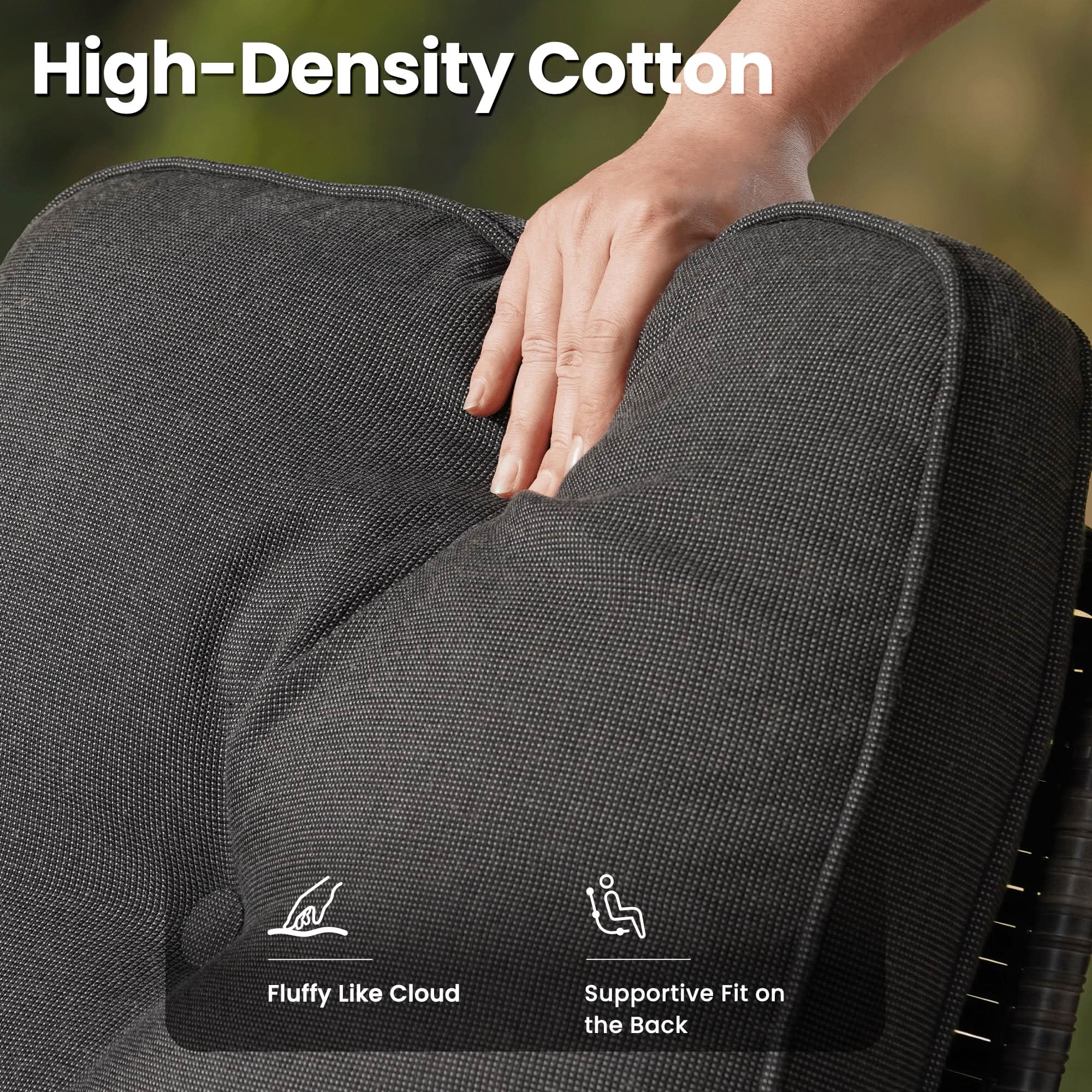 OVIOS patio furniture detail: High-density cotton cushion, supportive, fluffy feel. Outdoor swivel chair seating.