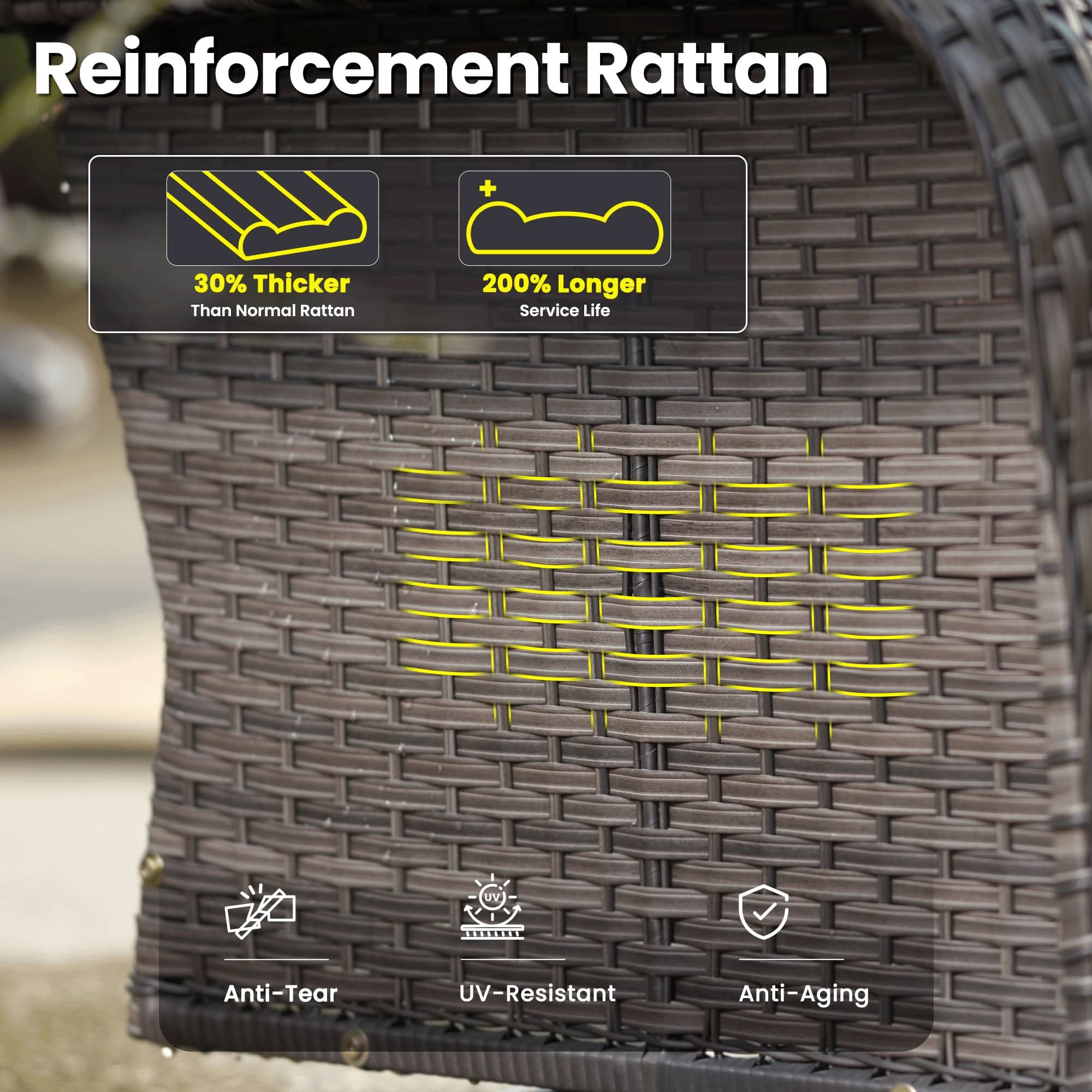 OVIOS patio furniture features reinforced, durable rattan wicker, UV-resistant and anti-aging for all-weather use.