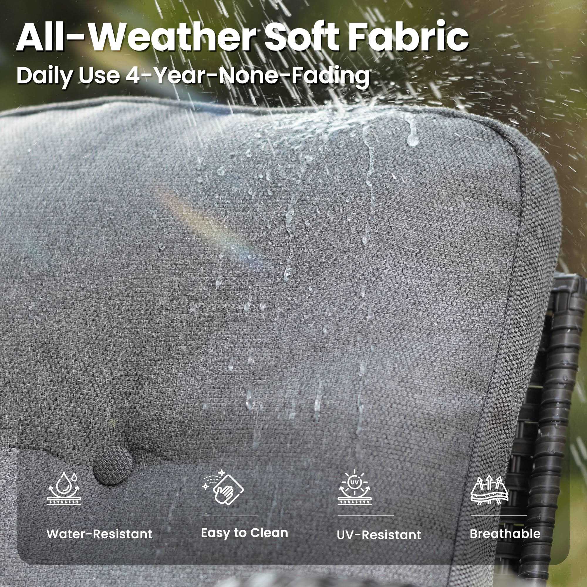 OVIOS patio furniture cushion detail: All-Weather gray fabric, water-resistant, UV-resistant and breathable.