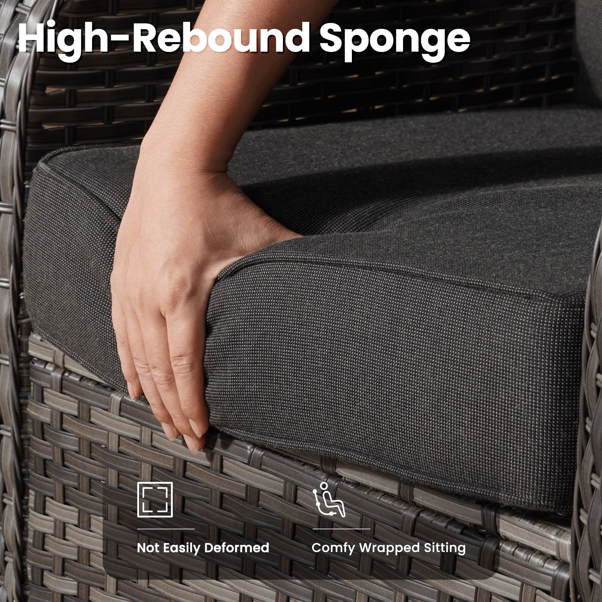 OVIOS patio furniture detail: High-rebound sponge cushion, grey wicker, and comfortable seating.