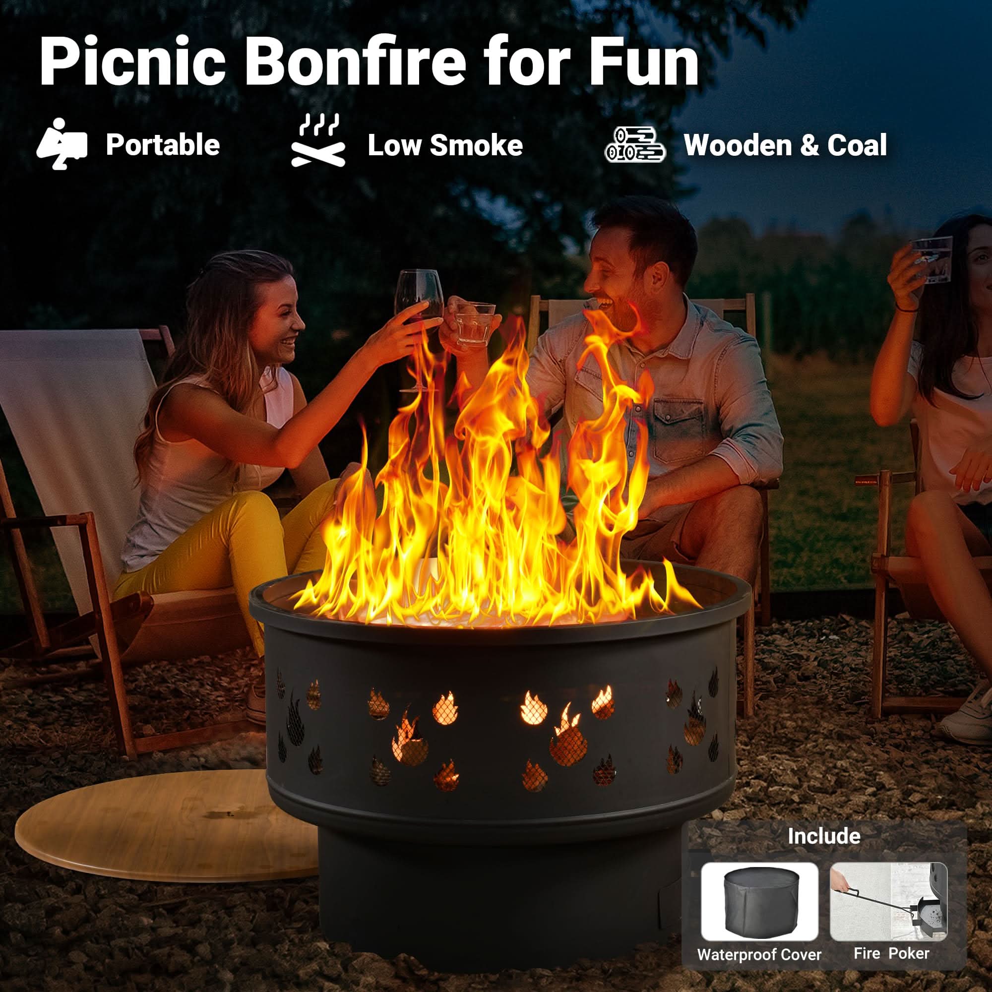 Picnic Bonfire with fire pit, great for backyard outdoor party. Includes waterproof cover and fire poker.