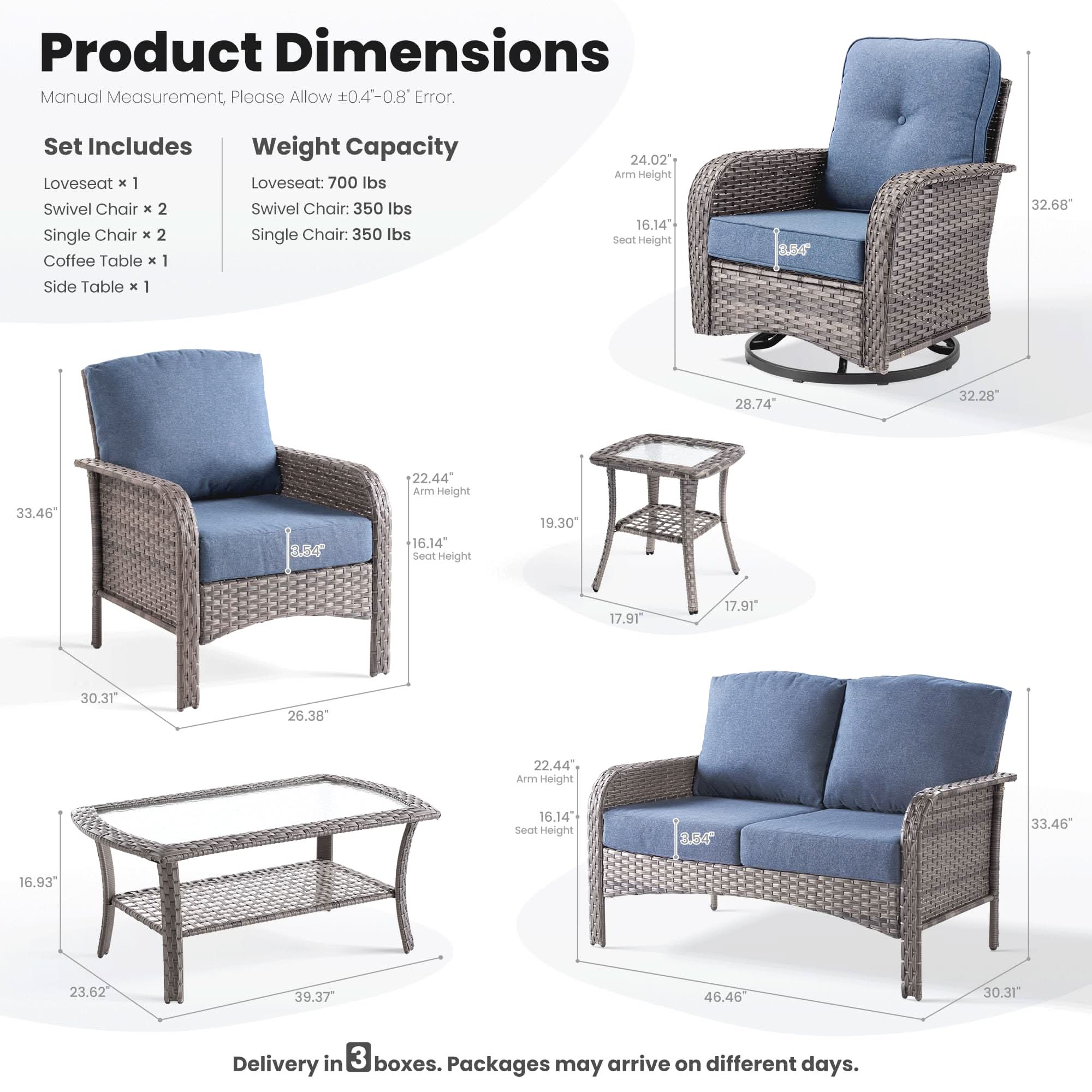 OVIOS 7-piece patio furniture set dimensions, including loveseat, swivel chair, single chair and table sizes.