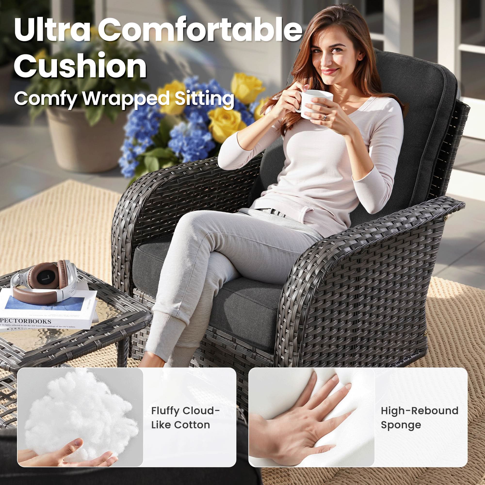 OVIOS patio chair with high-rebound sponge cushion for comfortable outdoor seating, grey wicker, and woman enjoying coffee.