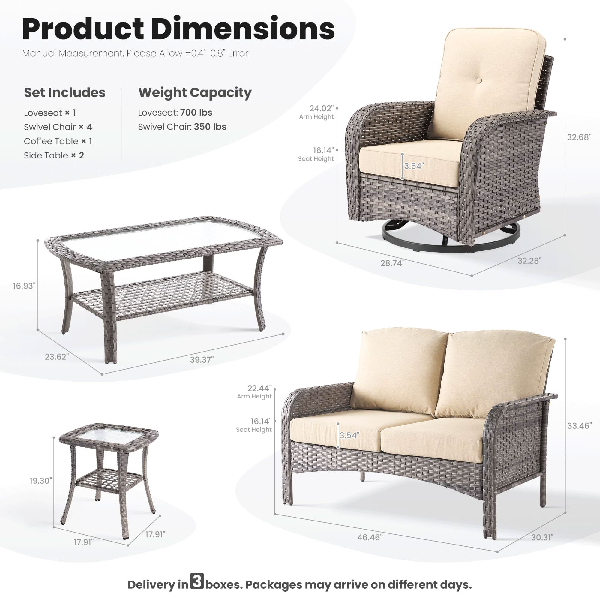 OVIOS patio furniture set dimensions: Loveseat, swivel chairs, and tables with gray wicker and beige cushions.