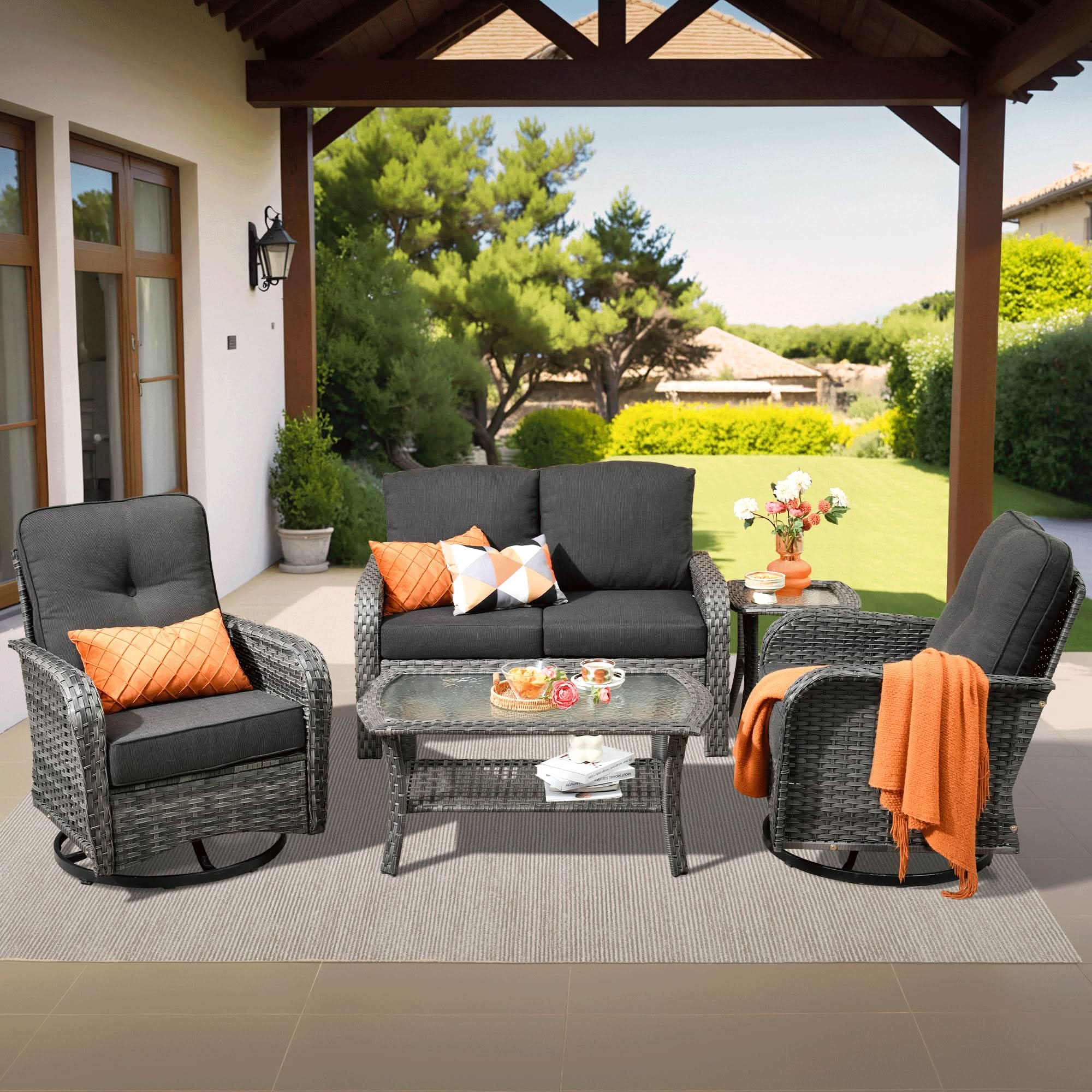 OVIOS 5-piece patio furniture set with gray wicker, swivel chairs, and dark gray cushions, outdoor decor