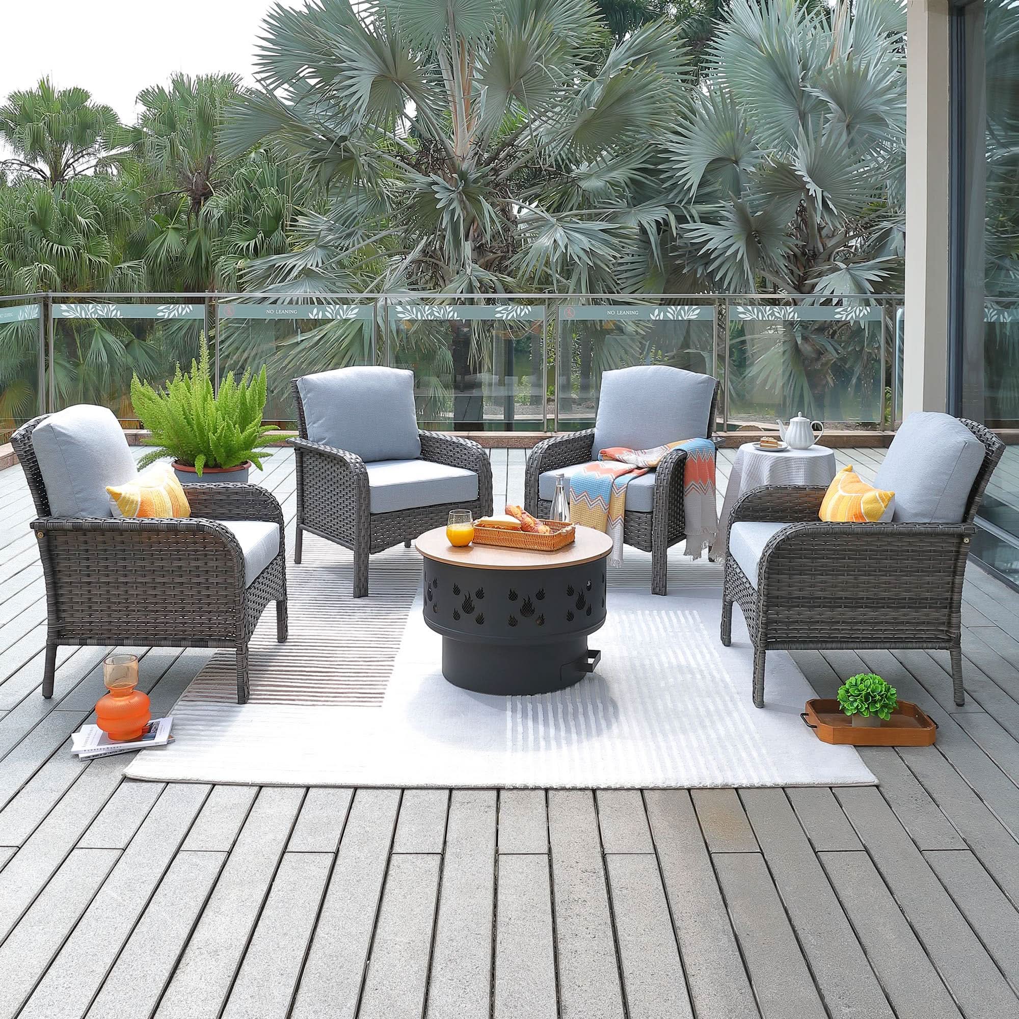 OVIOS 5-Piece Patio Furniture Set with Fire Pit, gray wicker chairs and cushions for outdoor relaxation.