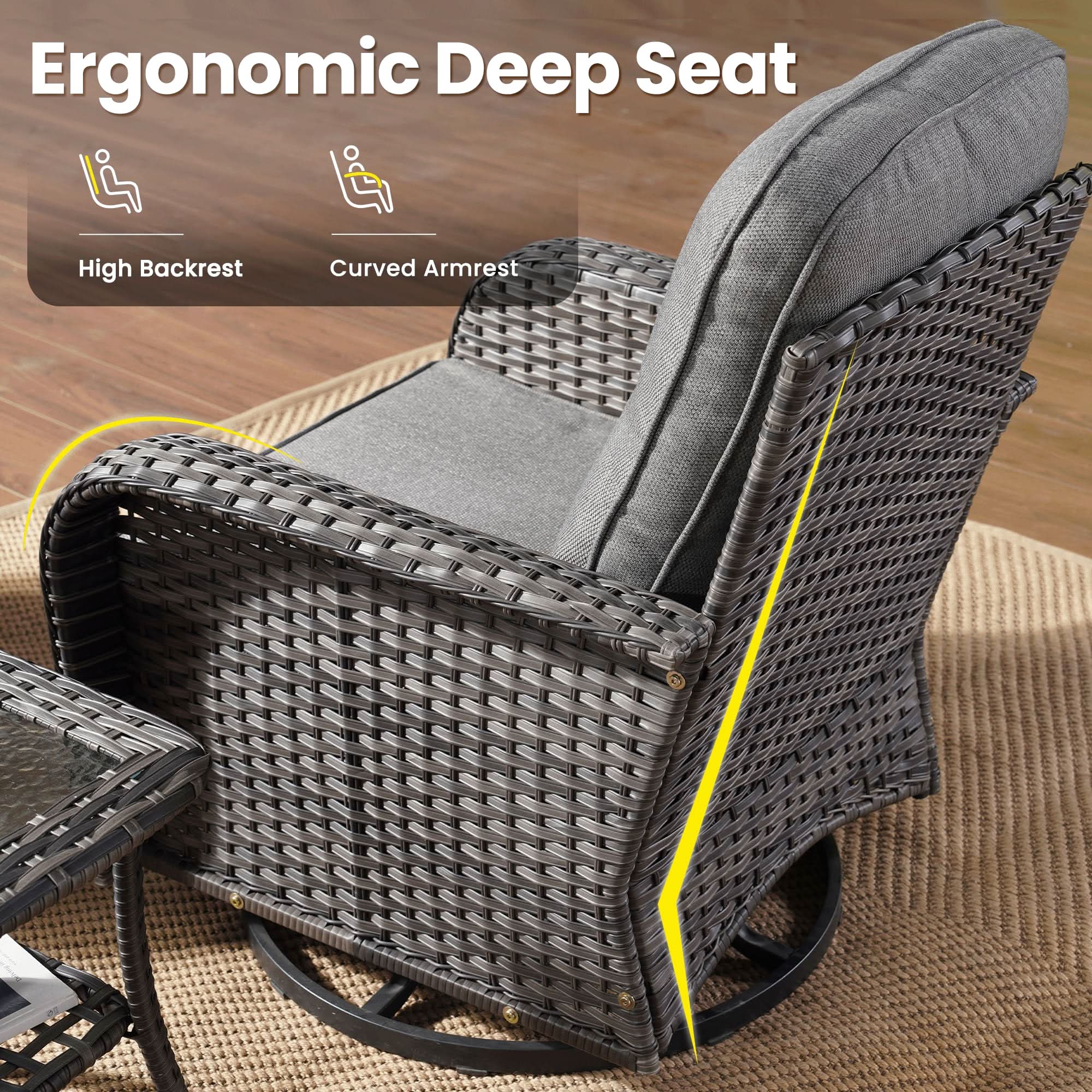 OVIOS gray wicker swivel chair with ergonomic design, high backrest, and deep seat.
