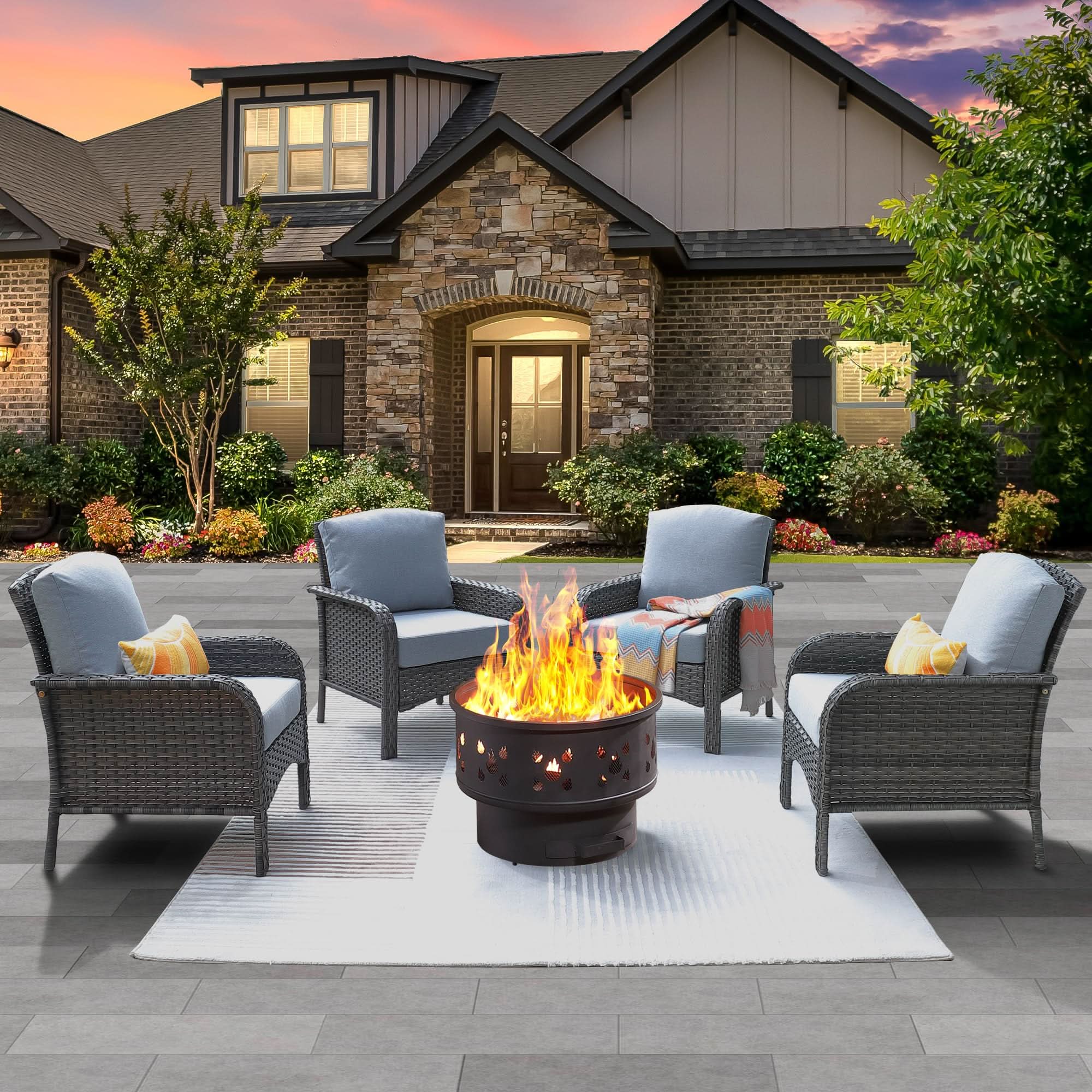 OVIOS 5-Piece Patio Furniture Set with Fire Pit - Outdoor Gray Wicker Chairs, perfect for outdoor gathering.