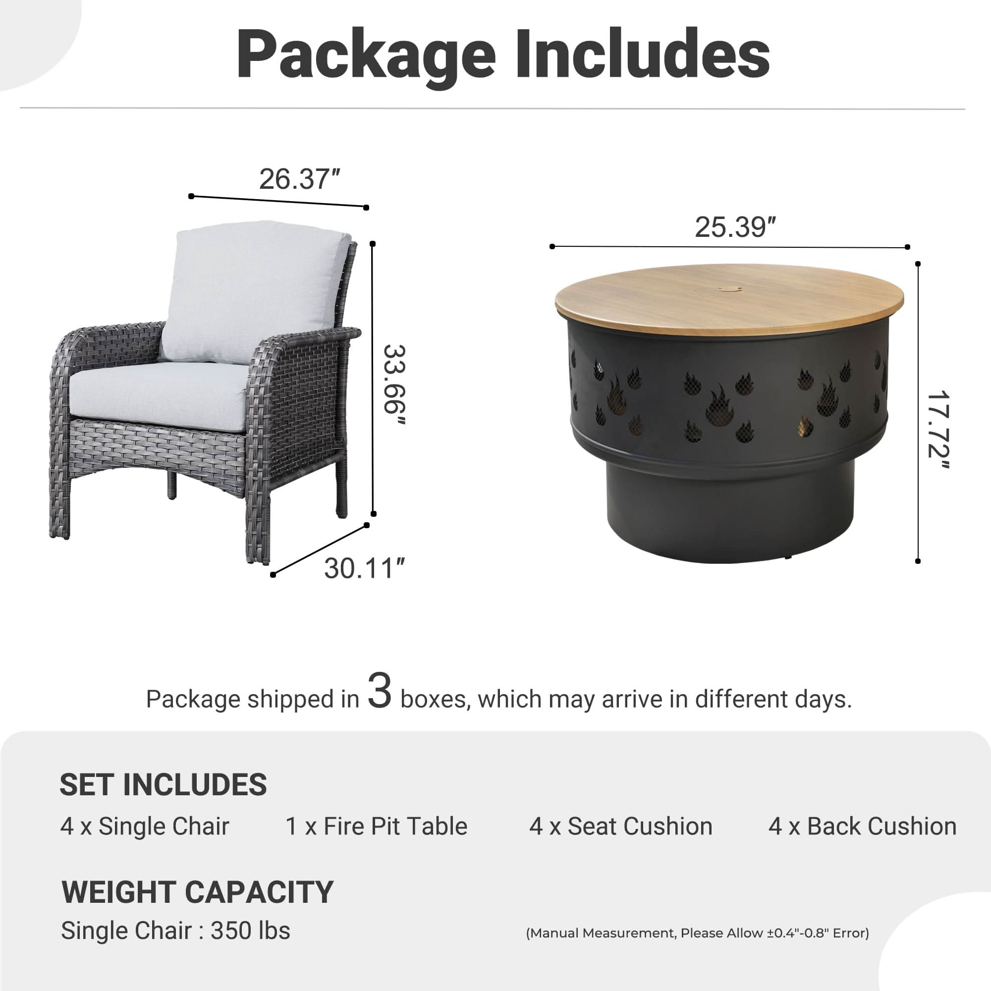 OVIOS 5-Piece Patio Furniture Set diagram: Gray wicker chairs and fire pit dimensions, includes 4 chairs, fire pit, cushions.
