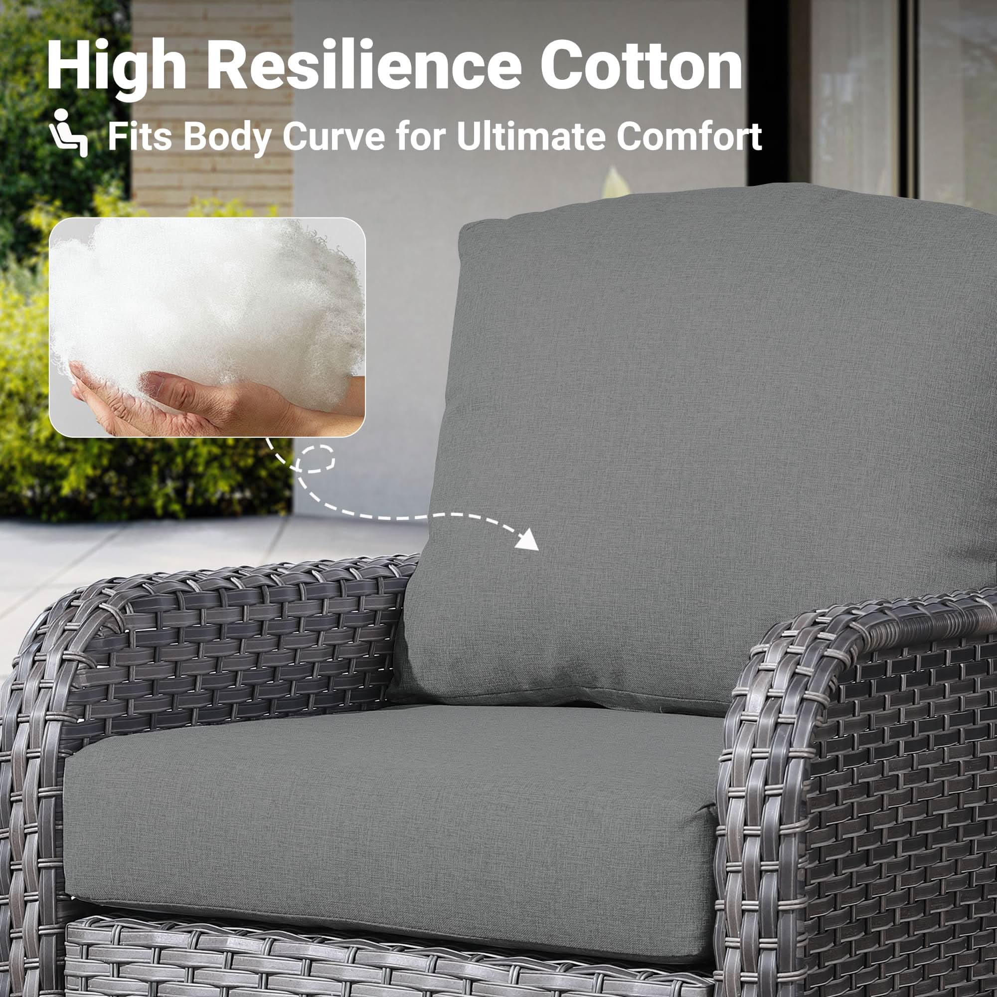 OVIOS patio chair with gray cushions, high resilience cotton, and gray wicker design for ultimate outdoor comfort.
