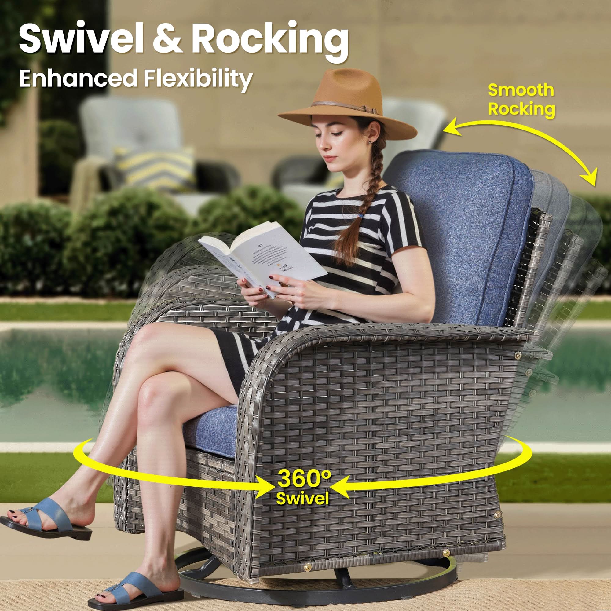 OVIOS swivel rocking chair, gray wicker, blue cushions, woman reading, 360° swivel, outdoor seating.