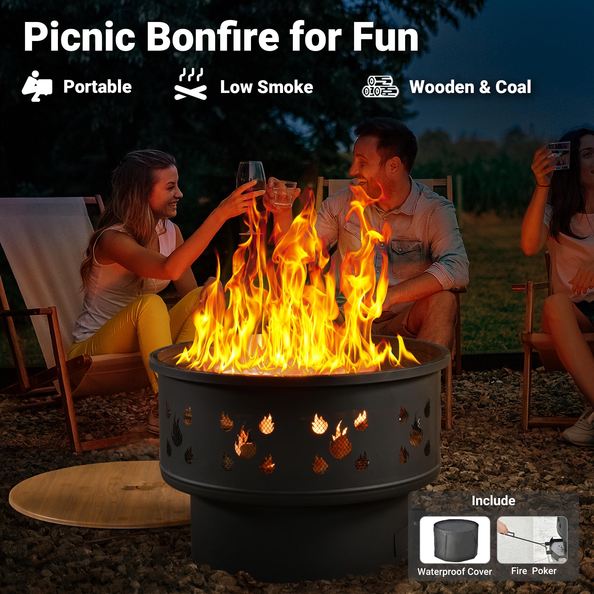 OVIOS portable fire pit with flame cutouts, includes cover & poker for outdoor patio fun.