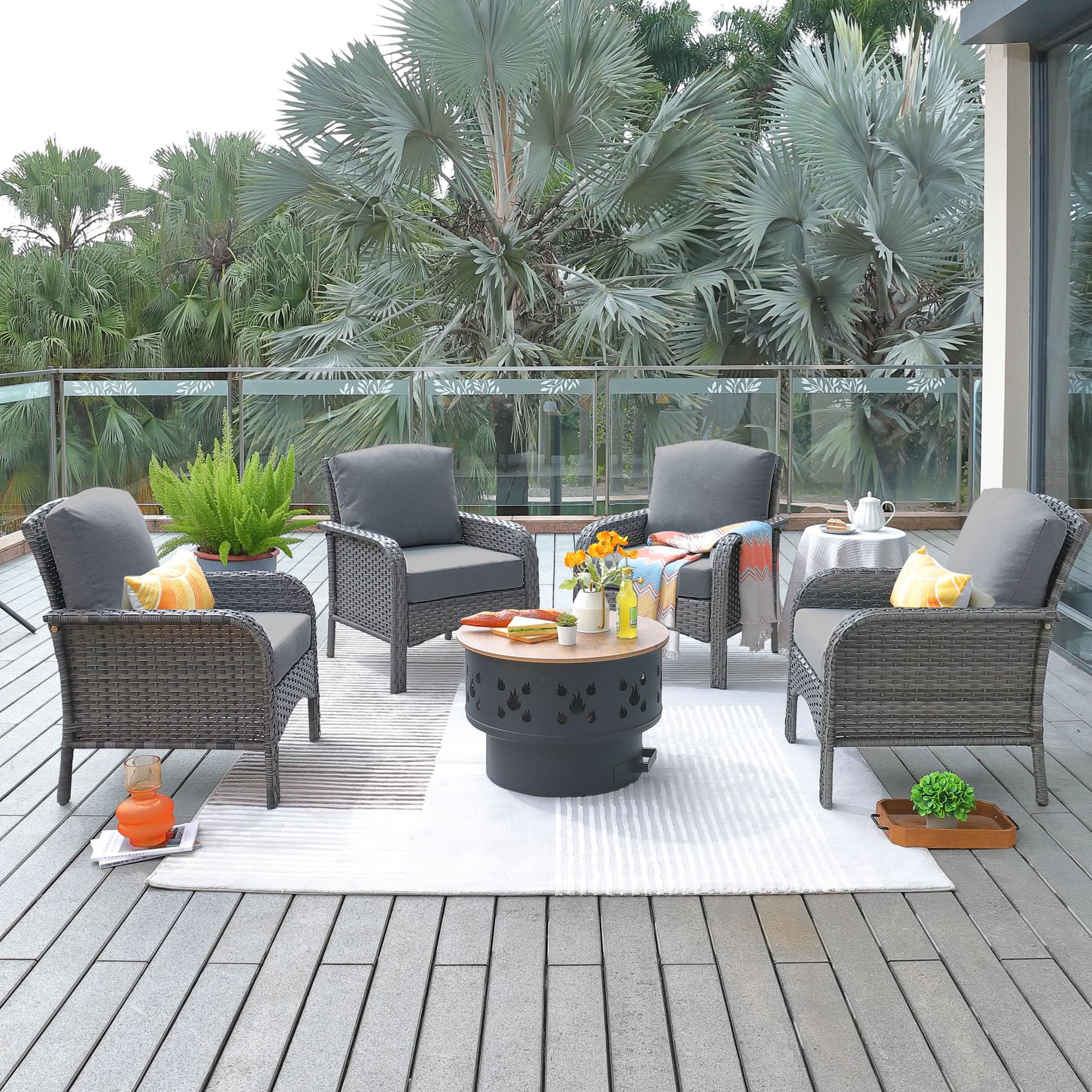 OVIOS 5-Piece Patio Furniture Set with fire pit, gray wicker chairs, outdoor gathering.