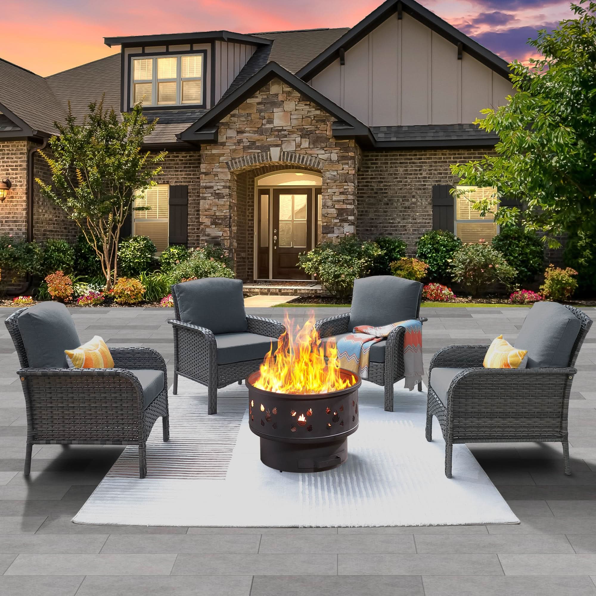 5-Piece Patio Set Outdoor Wicker Chairs Fire Pit