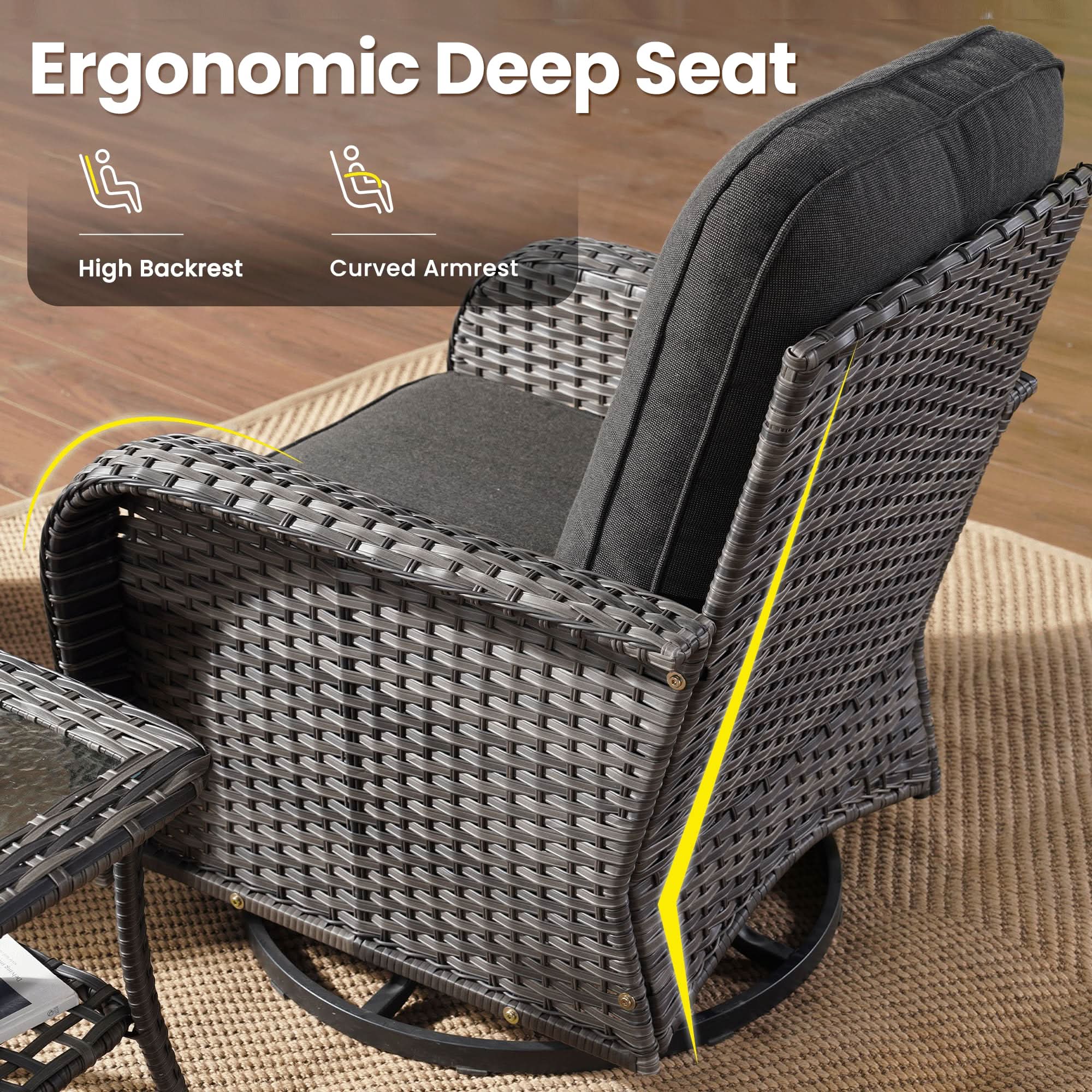 OVIOS swivel chair with ergonomic deep seat, gray wicker, high backrest, curved armrest, and dark gray cushion