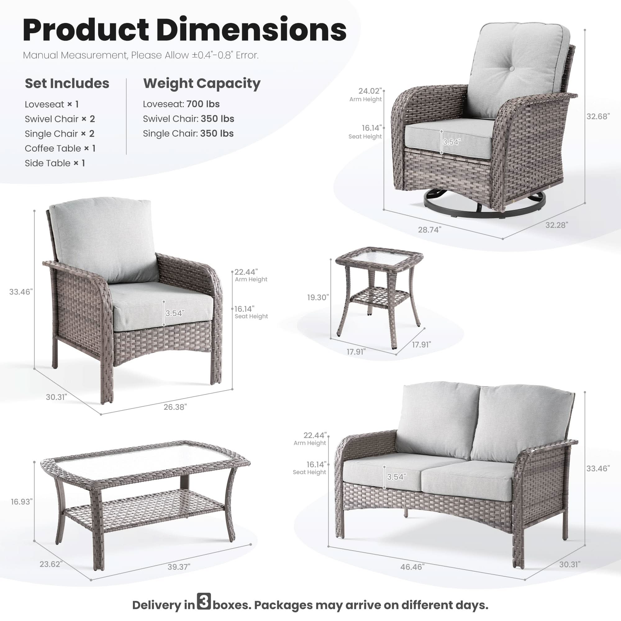 OVIOS 7-piece patio set dimensions diagram. Loveseat, swivel chair, single chair, and table size details.