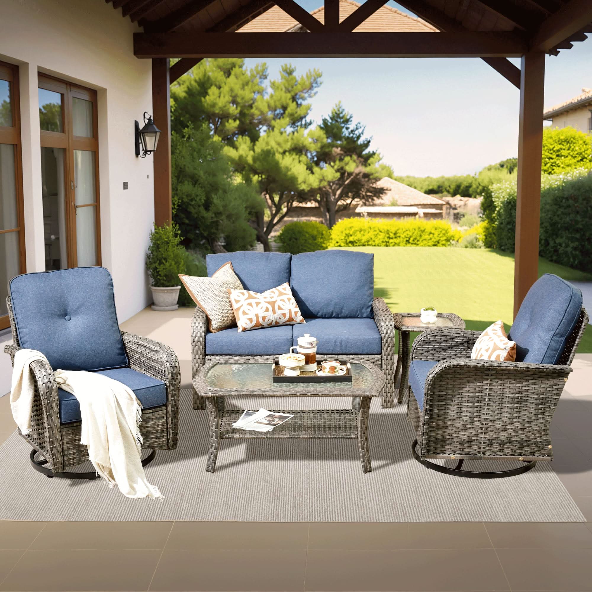 OVIOS 5-piece patio set with swivel chairs, wicker and blue cushions, outdoor furniture.