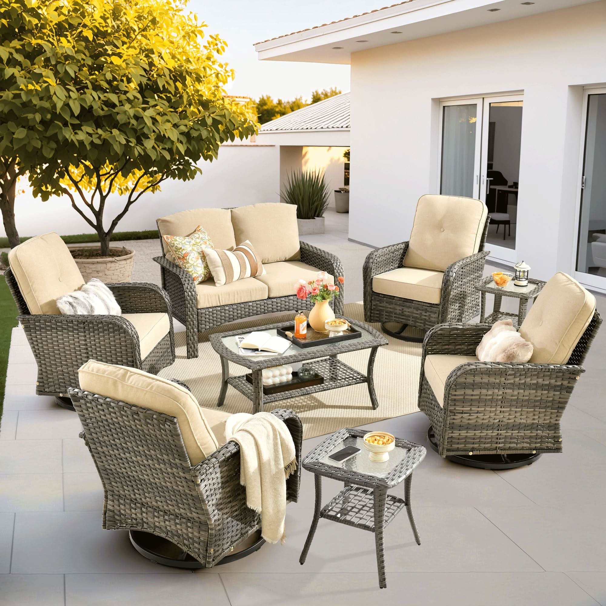 OVIOS 8-Piece Patio Furniture Set with gray wicker and swivel chairs