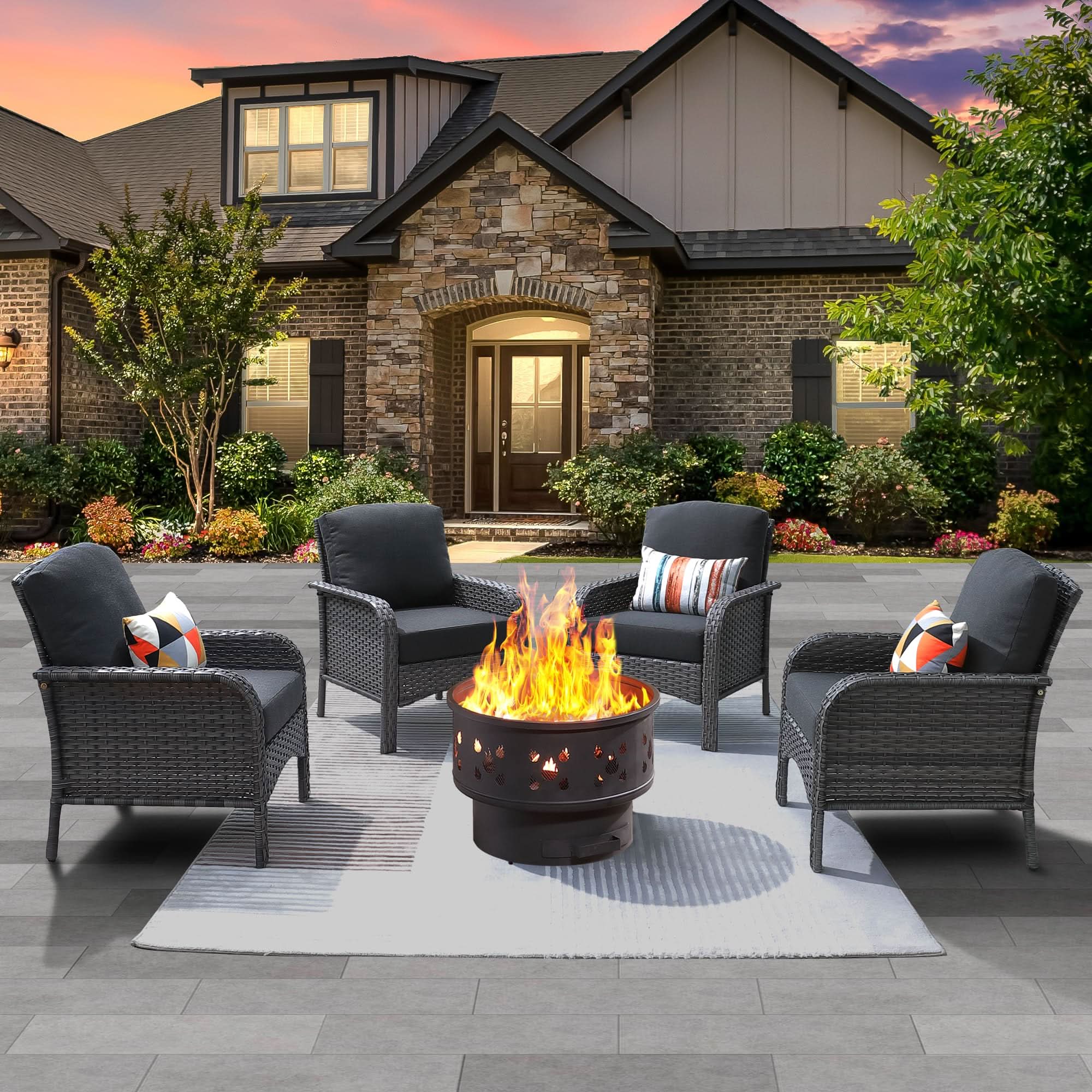 OVIOS 5-Piece Patio Set with Fire Pit, Wicker Chairs with Gray Cushions, for Backyard
