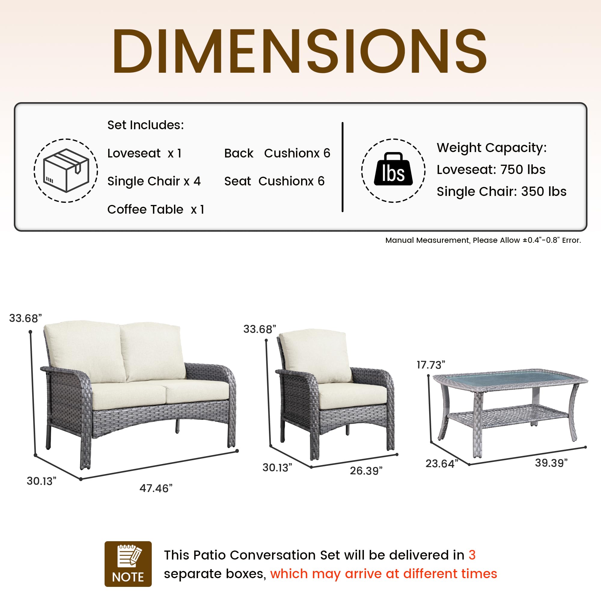 Ovios 6-Piece Wicker Patio Furniture Set, All-Weather Rattan Conversation Bistro Loveseat Chair and Table Set for Backyard
