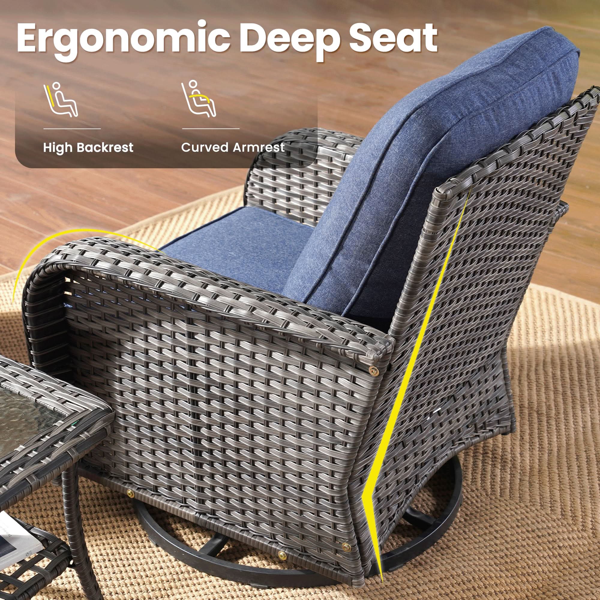 OVIOS gray wicker swivel chair with ergonomic design and deep seat, high backrest and curved armrest, blue cushions