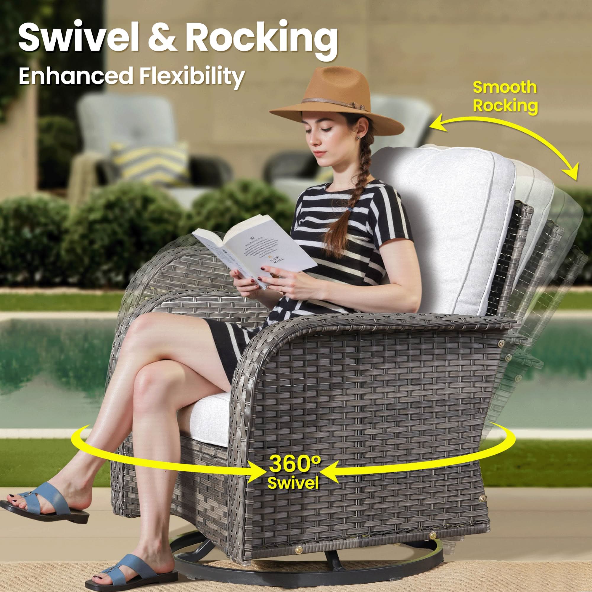 OVIOS swivel rocking chair with gray wicker, blue cushions, woman reading, 360° swivel, patio furniture