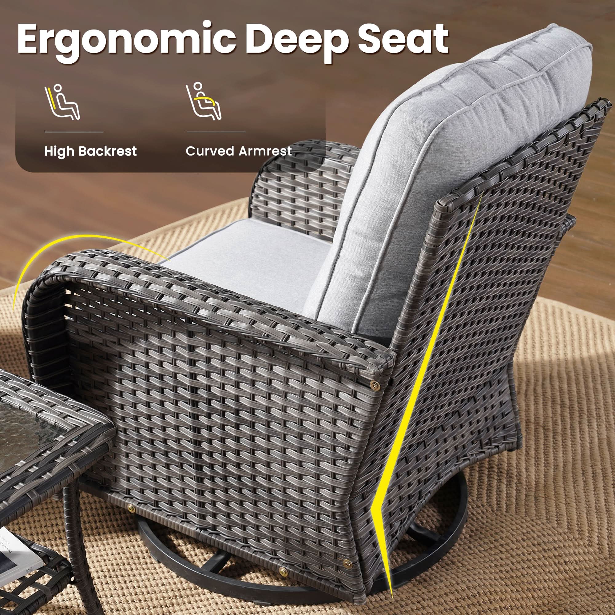 OVIOS gray wicker swivel chair with ergonomic design and deep seat, patio furniture