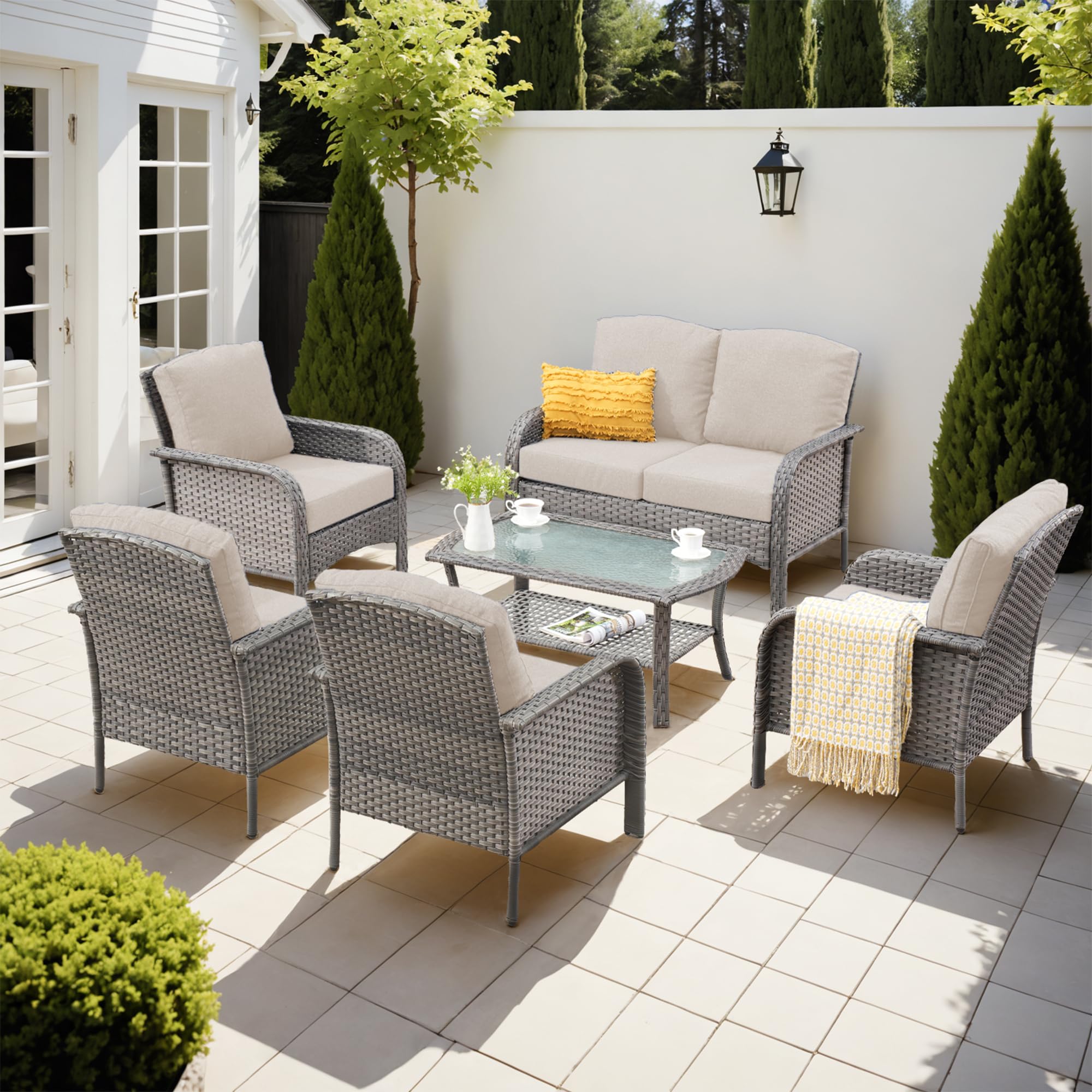 Ovios 6-Piece Wicker Patio Furniture Set, All-Weather Rattan Conversation Bistro Loveseat Chair and Table Set for Backyard