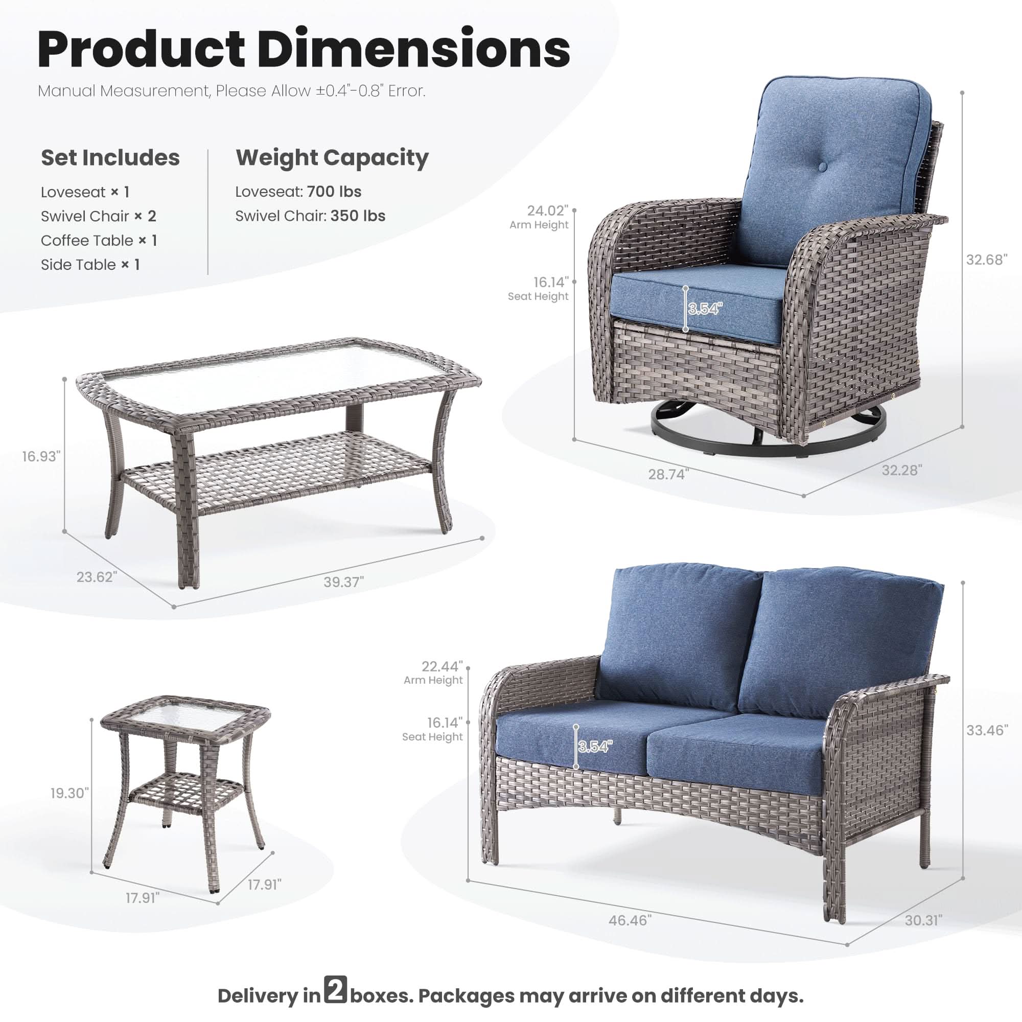 OVIOS 5-piece outdoor patio set dimensions: gray wicker, blue cushions, swivel chairs, and tables with detailed measurements