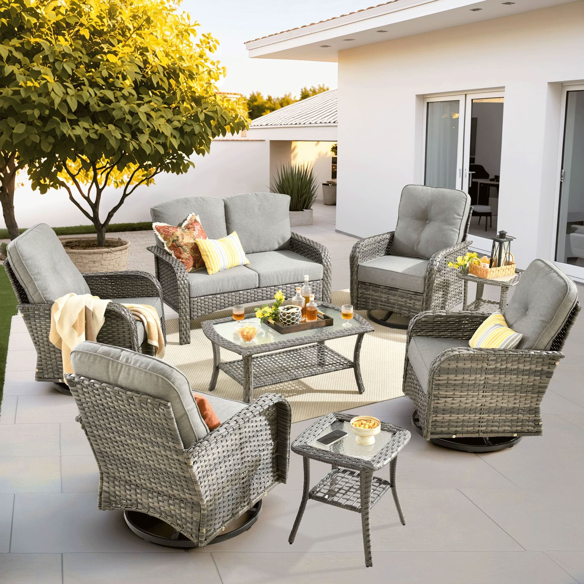 OVIOS 8-Piece Patio Furniture Set, Gray Wicker Outdoor Sofa and Swivel Chairs