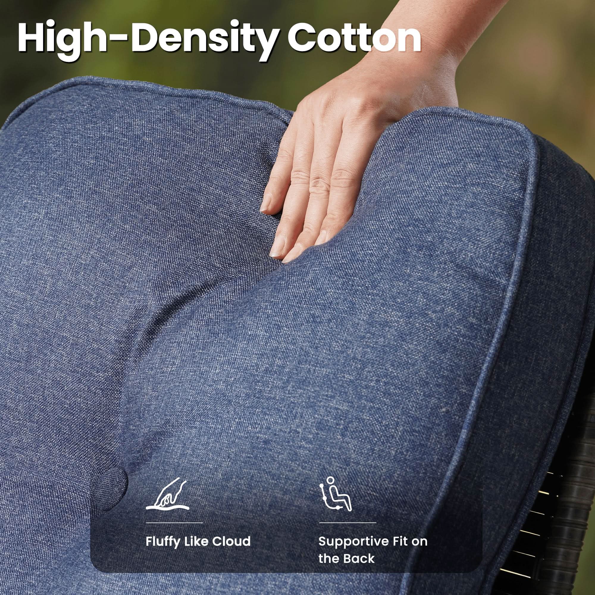 OVIOS patio furniture detail: high-density cotton cushion with blue denim fabric, comfortable outdoor seating