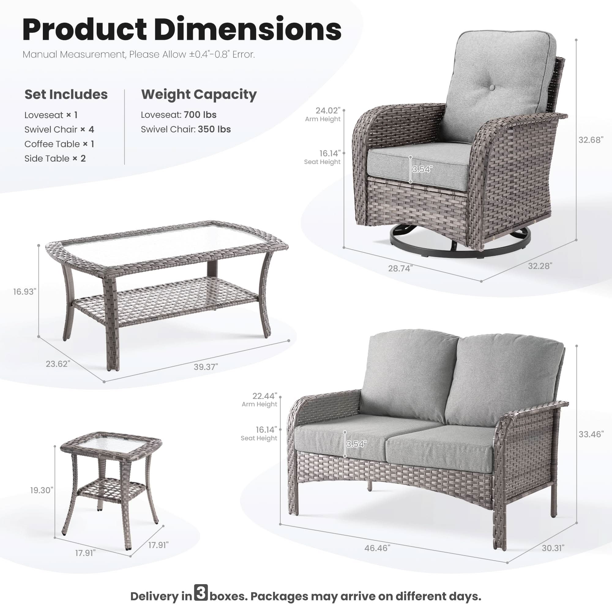 OVIOS 8-Piece Patio Furniture Set Dimensions: Loveseat, swivel chairs, and tables with gray wicker, including dimensions.