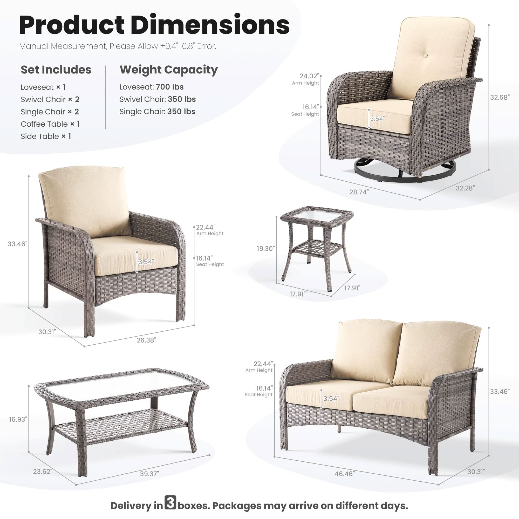 OVIOS 7-piece patio furniture set dimensions diagram with loveseat, swivel chairs, tables, and size details