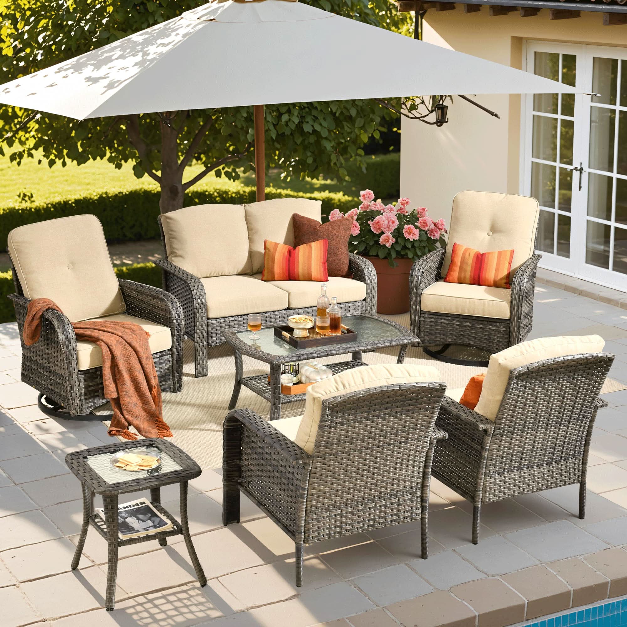 OVIOS 7-piece gray wicker patio furniture set with swivel chairs, coffee table, and umbrella