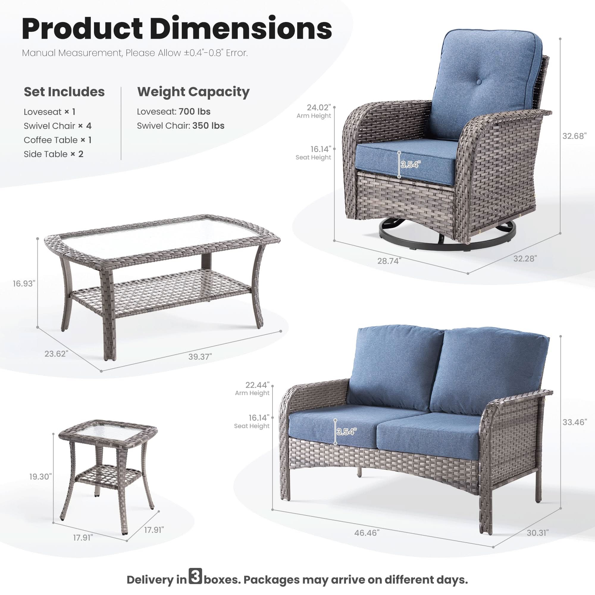 OVIOS 8-Piece Patio Furniture Set dimensions diagram: Loveseat, swivel chairs, and tables with gray wicker and blue cushions