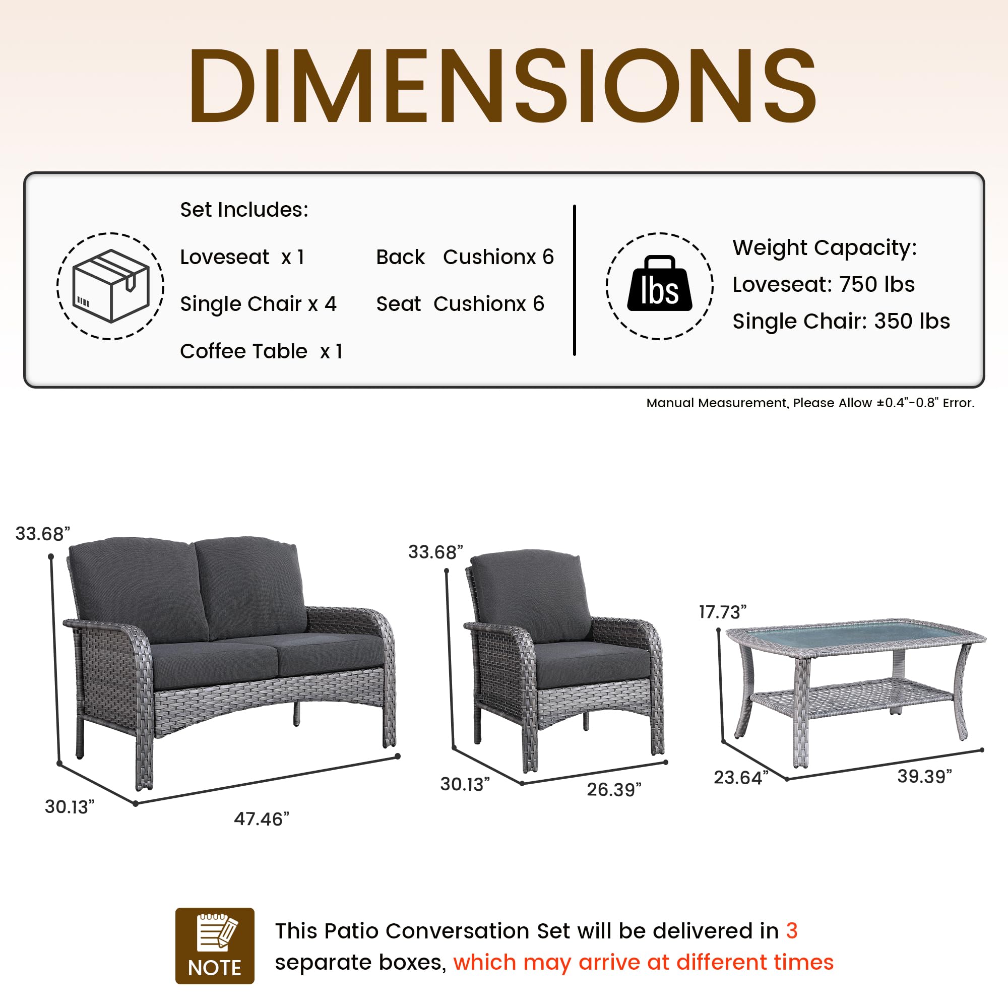 Ovios 6-Piece Wicker Patio Furniture Set, All-Weather Rattan Conversation Bistro Loveseat Chair and Table Set for Backyard