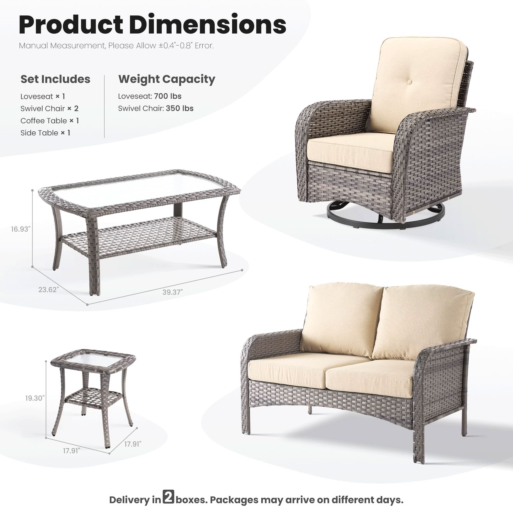 OVIOS patio furniture set dimensions: gray wicker, swivel chairs, tables, loveseat, and specifications.