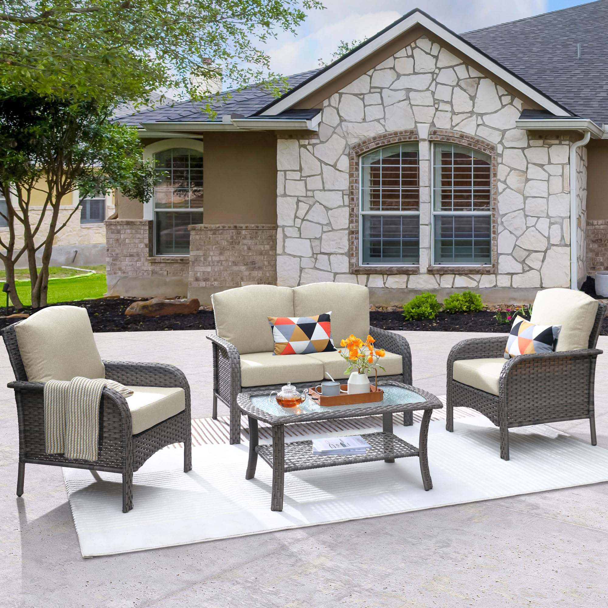 Ovios Patio Furniture Set New August 4 Piece High Back All Weather PE Wicker