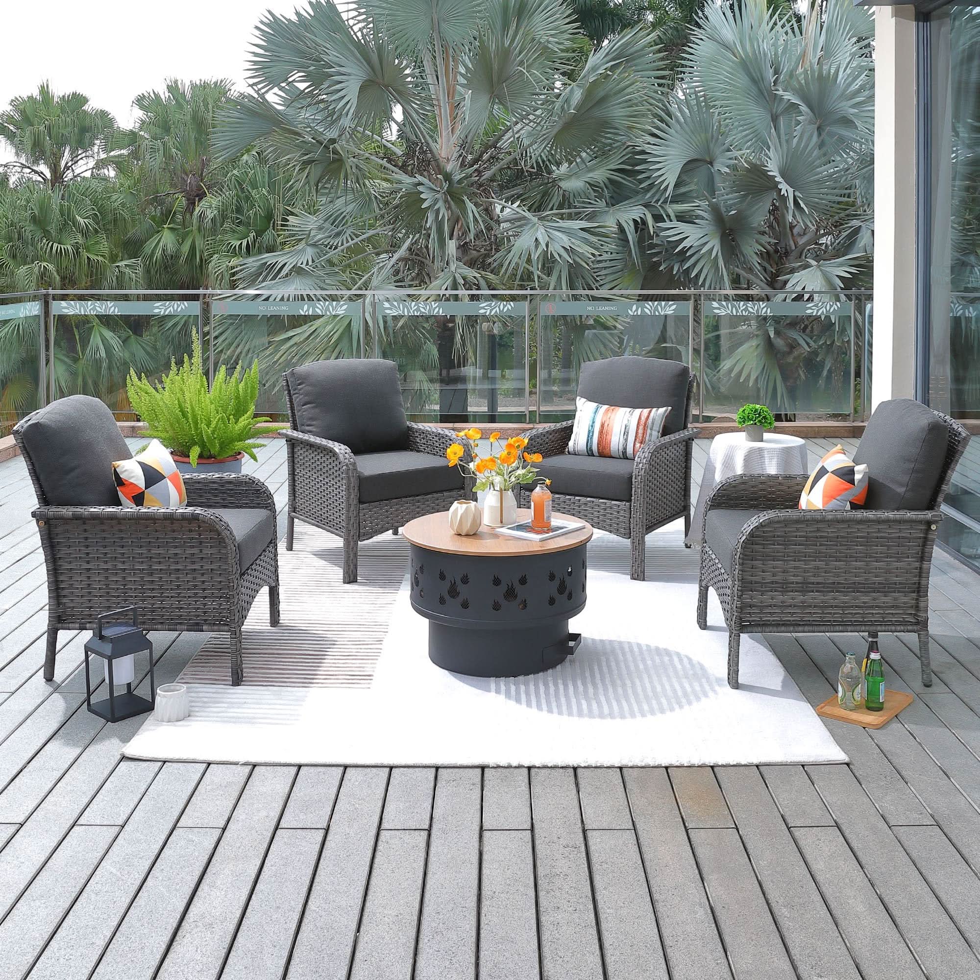 OVIOS 5-Piece Patio Furniture Set with Fire Pit - Gray wicker chairs, perfect for outdoor gathering.