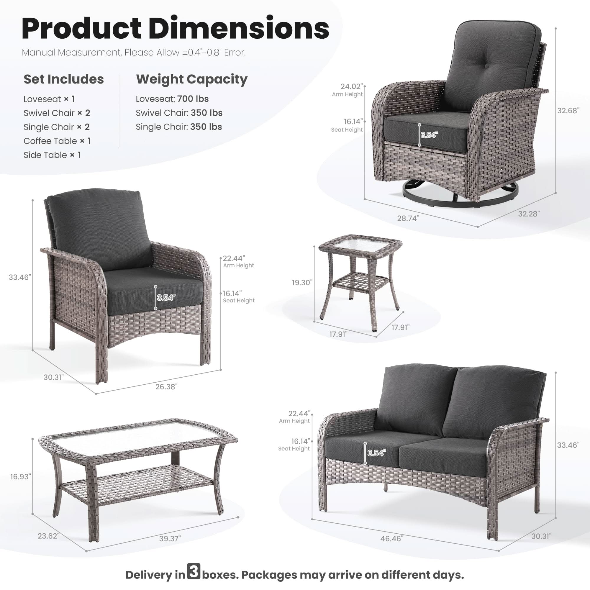 OVIOS 7-piece patio furniture set dimensions with swivel chairs, weight capacity, and features listed.