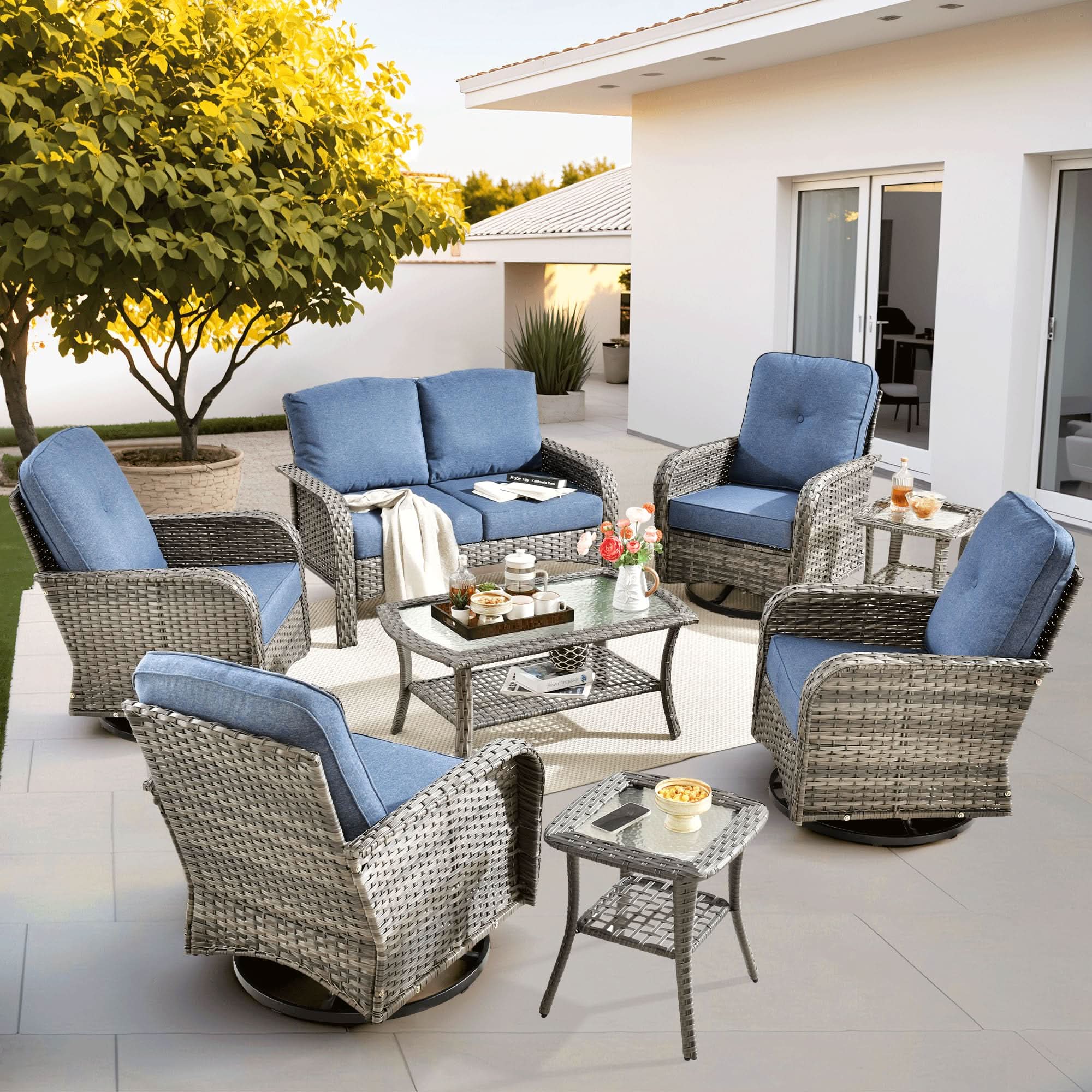 OVIOS 8 Pieces Patio Furniture Set with swivel chairs, gray wicker and blue cushions