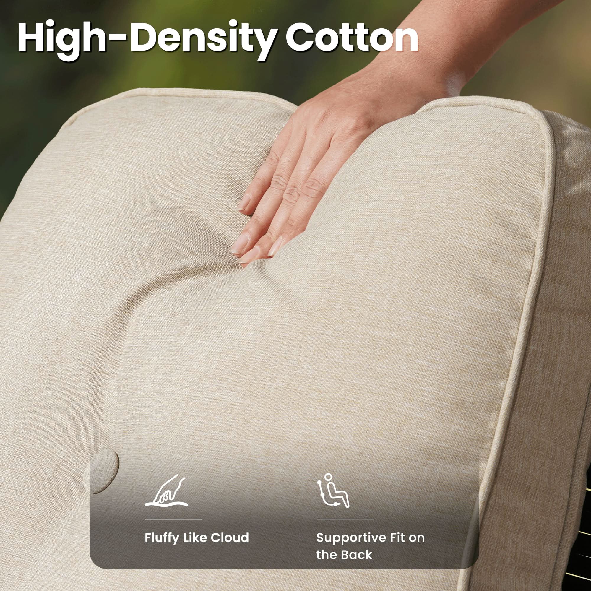 OVIOS patio furniture detail: High-density cotton cushion with supportive design and fluffy feel, providing comfort.