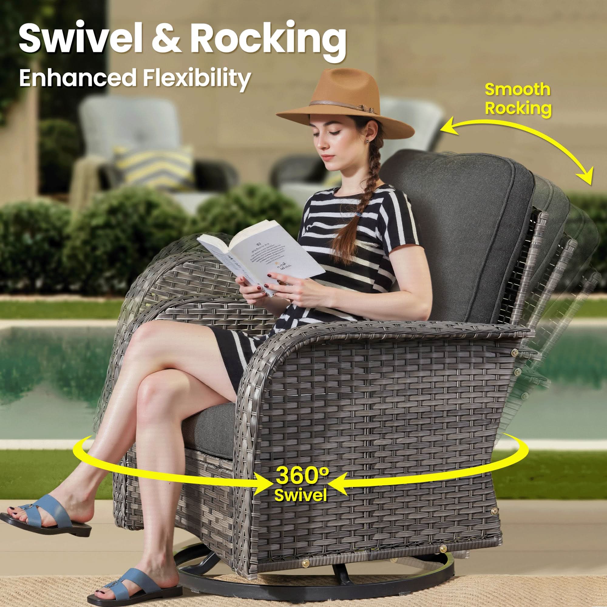 OVIOS swivel rocking chair with gray wicker, comfortable outdoor seating, woman reading, 360° swivel