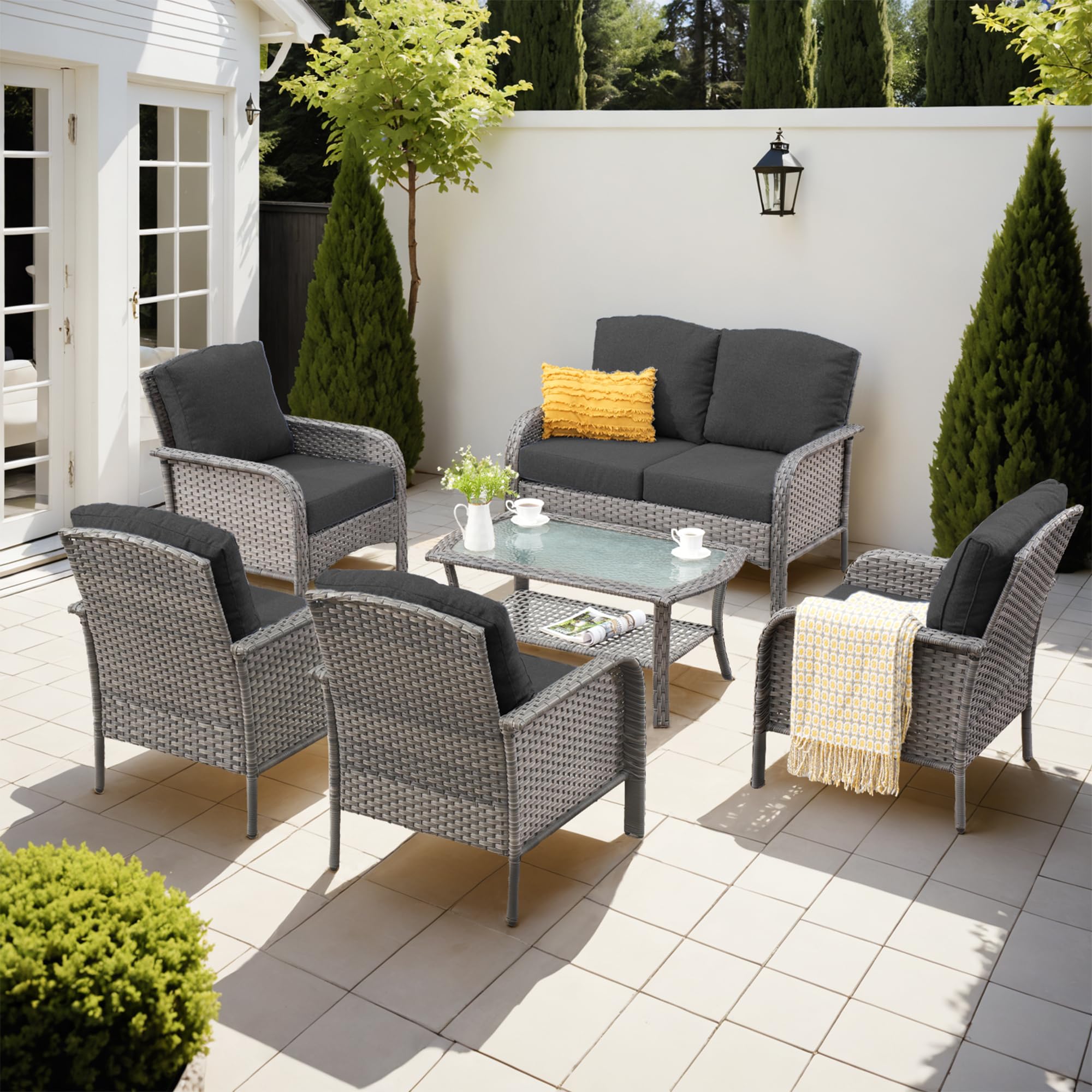 Ovios 6-Piece Wicker Patio Furniture Set, All-Weather Rattan Conversation Bistro Loveseat Chair and Table Set for Backyard