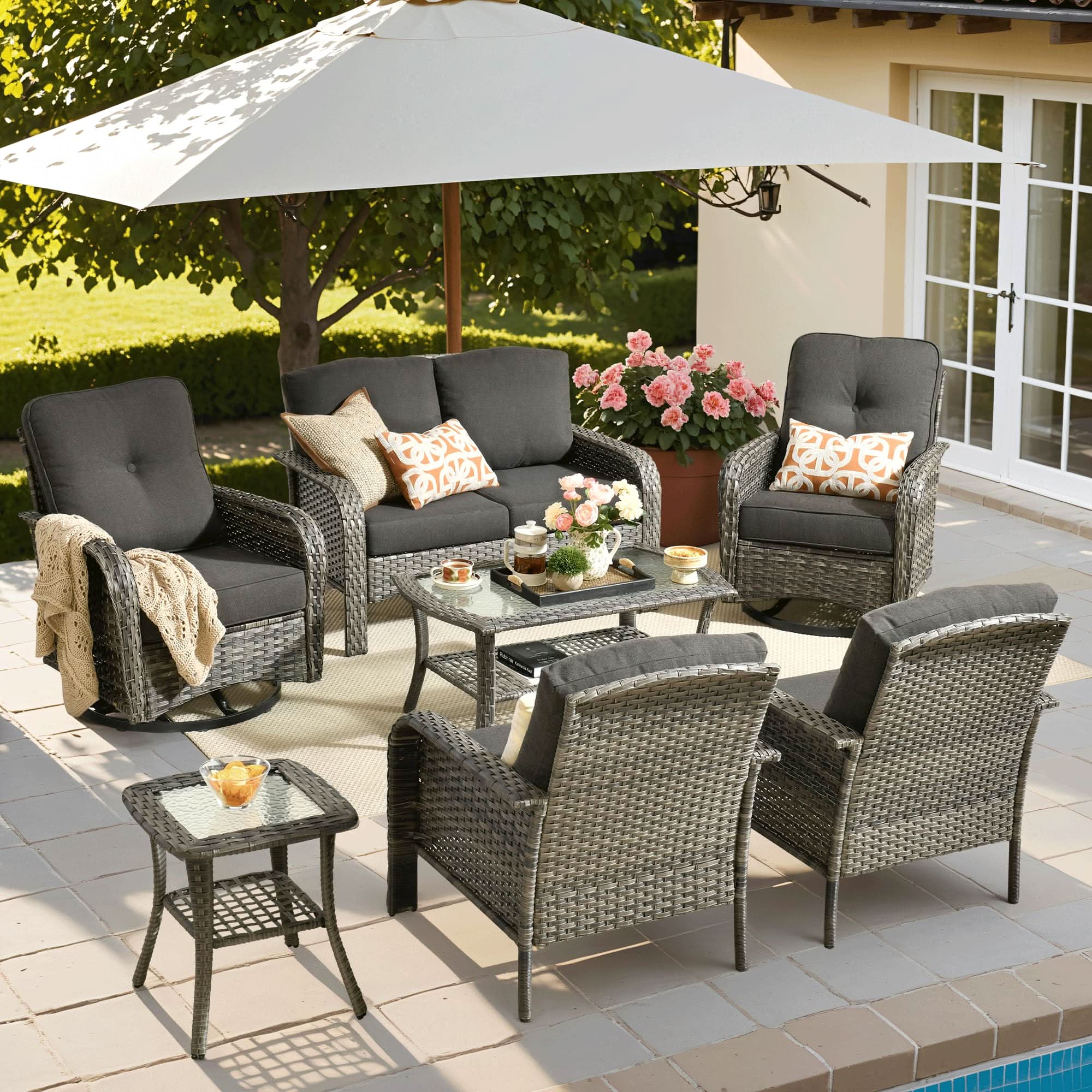 OVIOS 7-piece gray wicker patio furniture set with swivel chairs and glass coffee table, outdoor patio decor